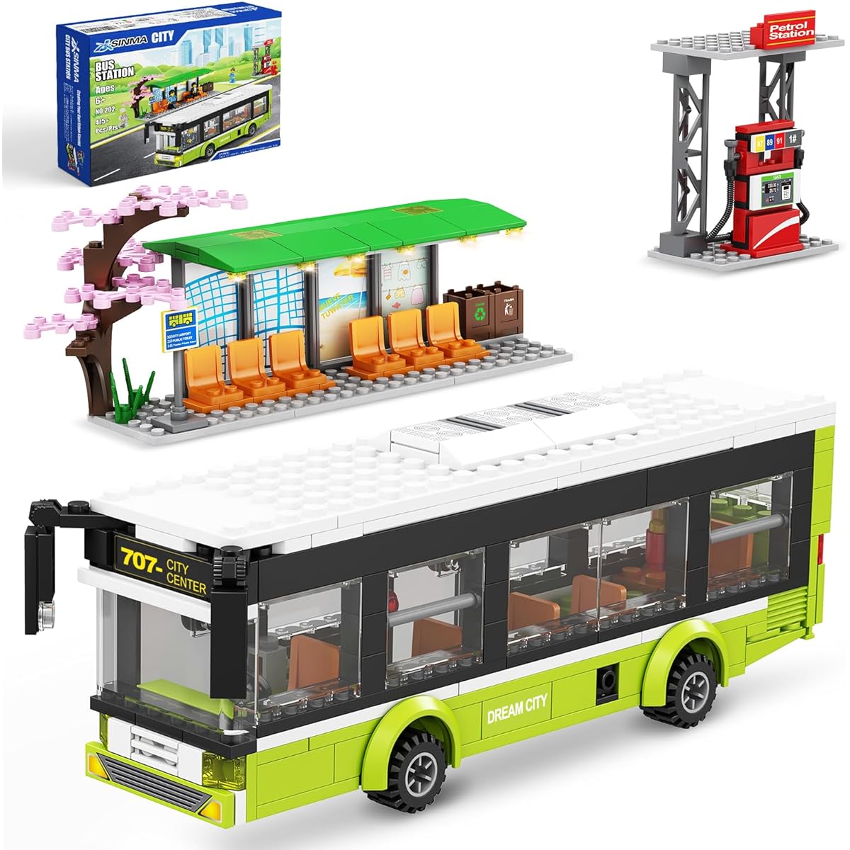 JSINMA City Bus Station Building Toy Set with Bus, 6 Minifigures and Gas Station - Bus Toys for Kids Ages 6 and Up - Great Gift Idea for Boys and Girls - Compatible with City Sets (415 Pieces)