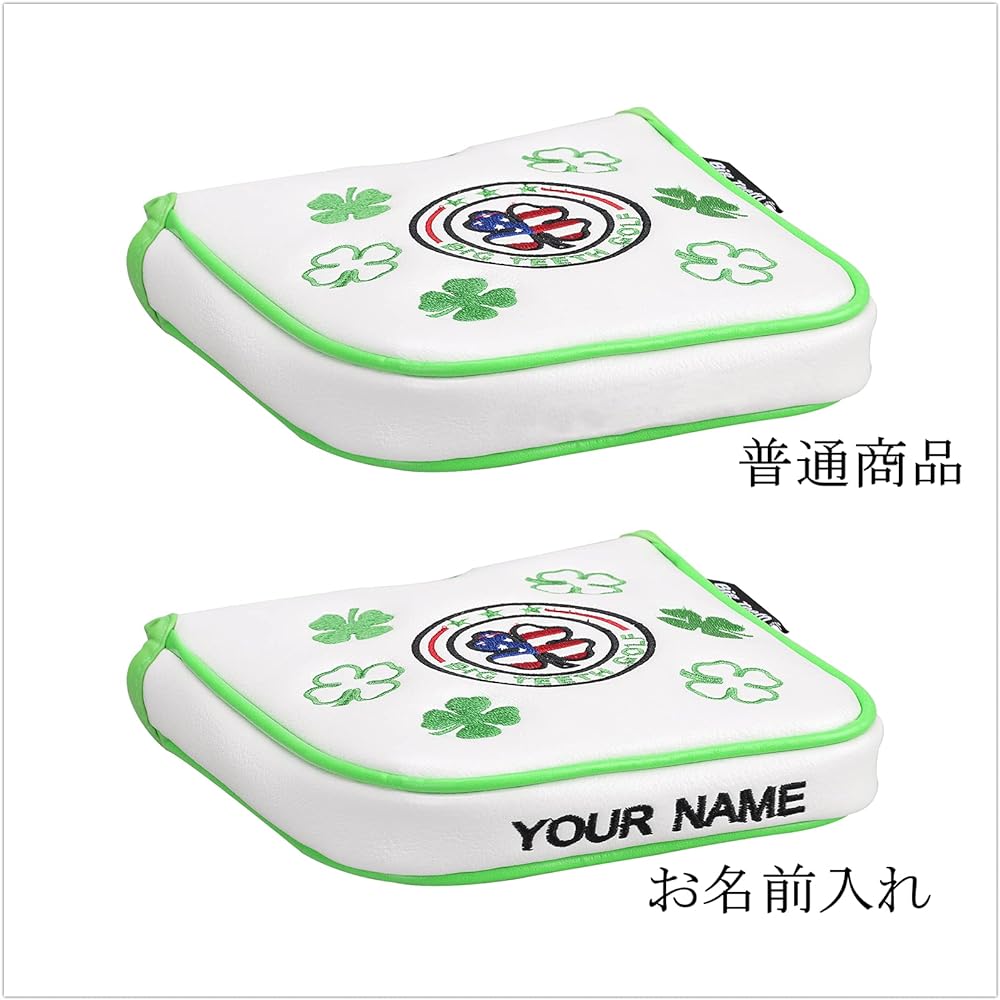 Big Teeth Golf Putter Cover Square Type Name Engraved Mallet Head Cover Magnetic Closure White Synthetic Leather Green Clover Embroidery Sold Individually