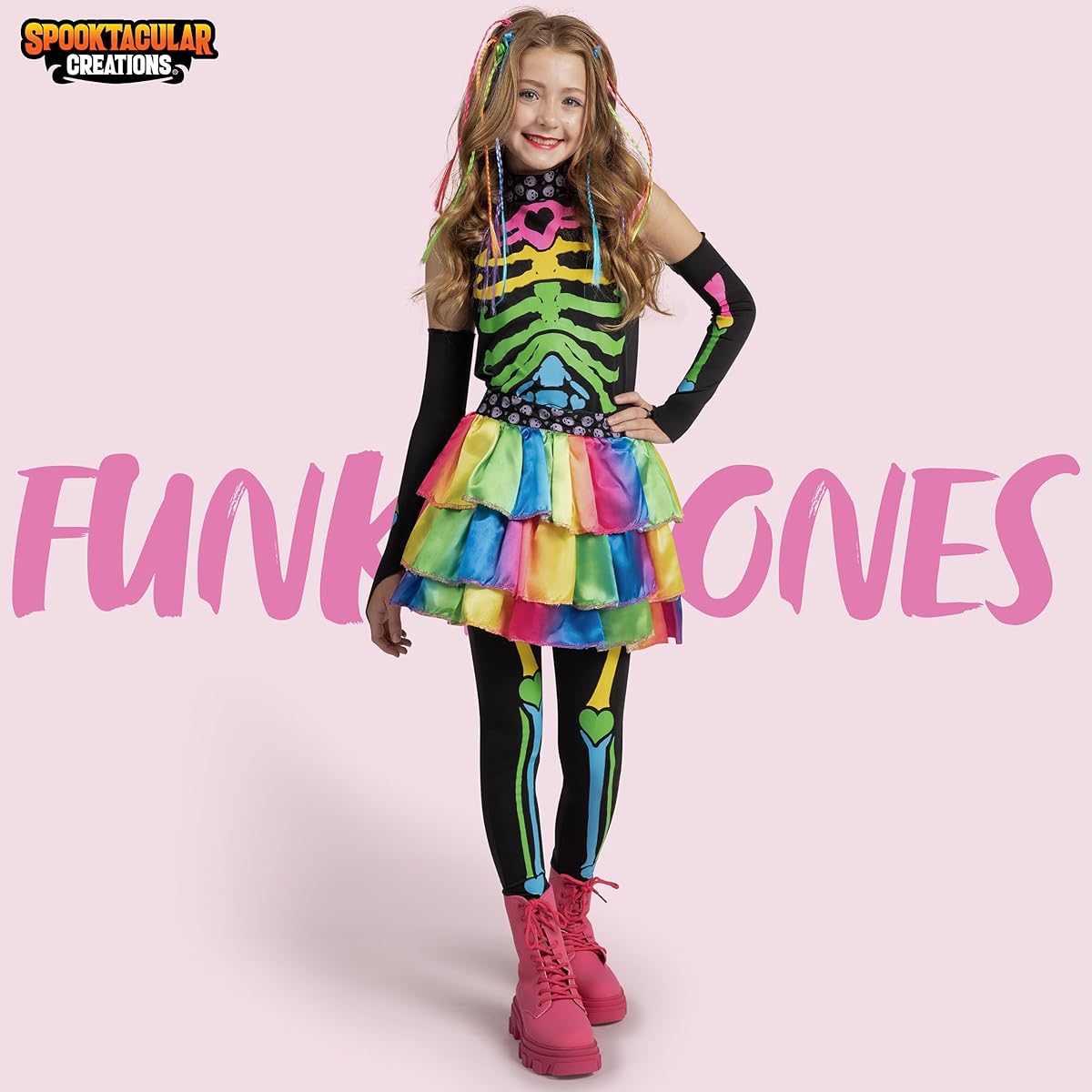 Spooktacular Creations Funky Punky Bones Colorful Skeleton Deluxe Girls Costume Set with Hair Extensions