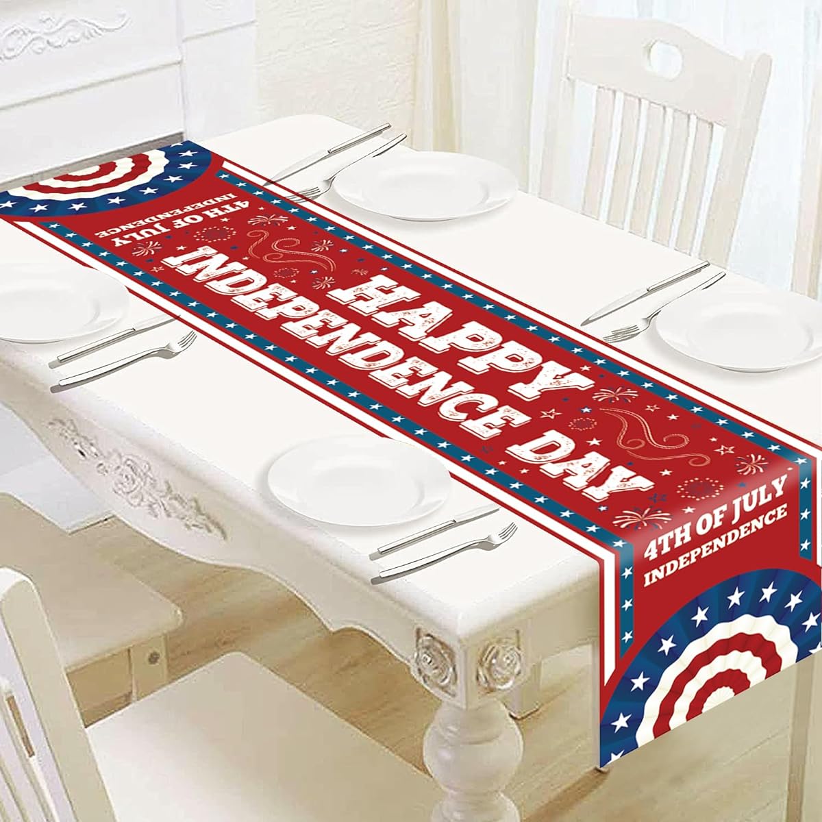 4th of July Table Runner Decoration - 71 x 13.8 Inch Linen Patriotic Table Runner for 4th of July Independence Day Memorial Day American Flag Stars Table Cover for Home Party Decor