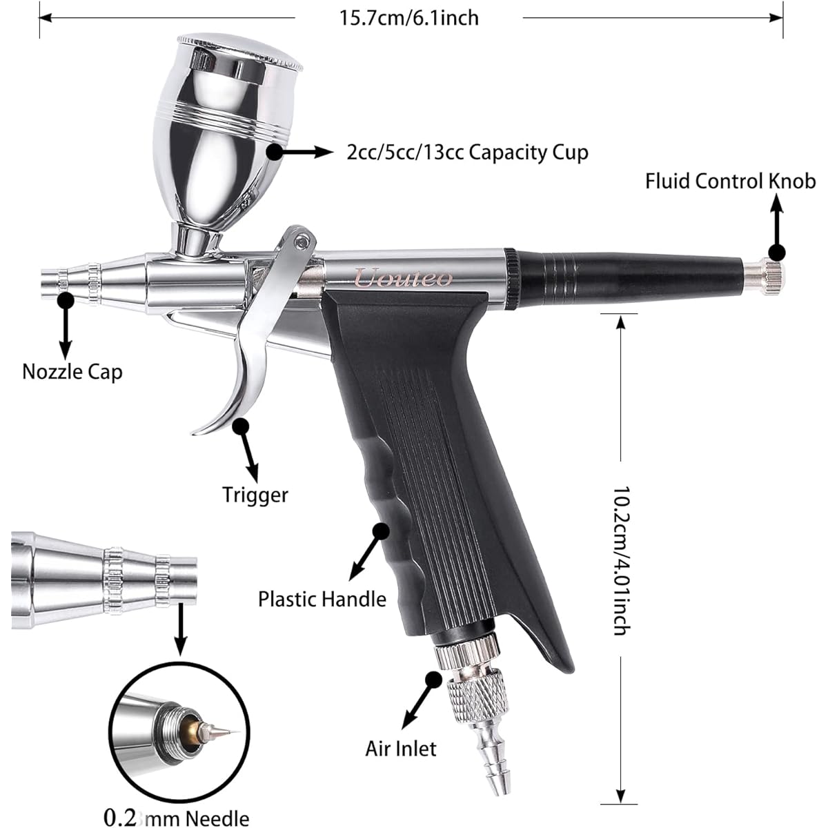 Uouteo Airbrush Trigger Gun Double Action Airbrush 0.2mm Needle 2CC/5CC/13CC Cup for Painting