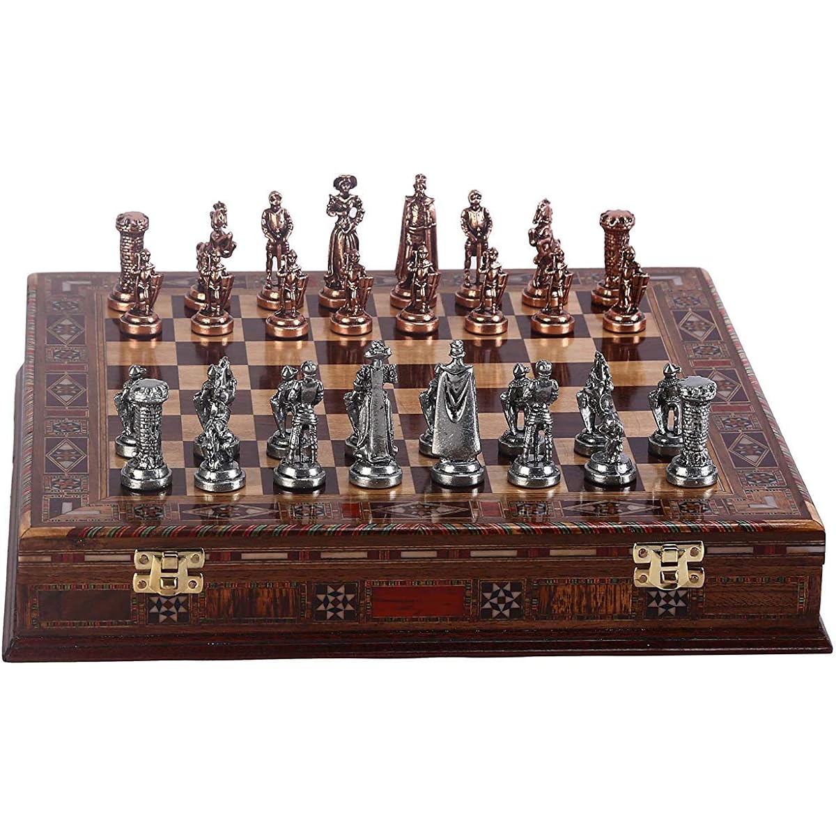 Medieval British Antique Copper Metal Chess Set for Adults, Handmade Pieces, Natural Solid Wood Chess Board, Pearl Design, Board Periphery Storage, King 2,75 Inch