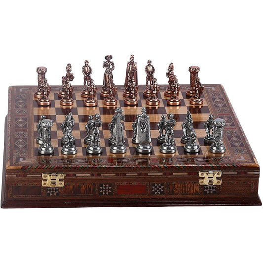 Medieval British Antique Copper Metal Chess Set for Adults, Handmade Pieces, Natural Solid Wood Chess Board, Pearl Design, Board Periphery Storage, King 2,75 Inch