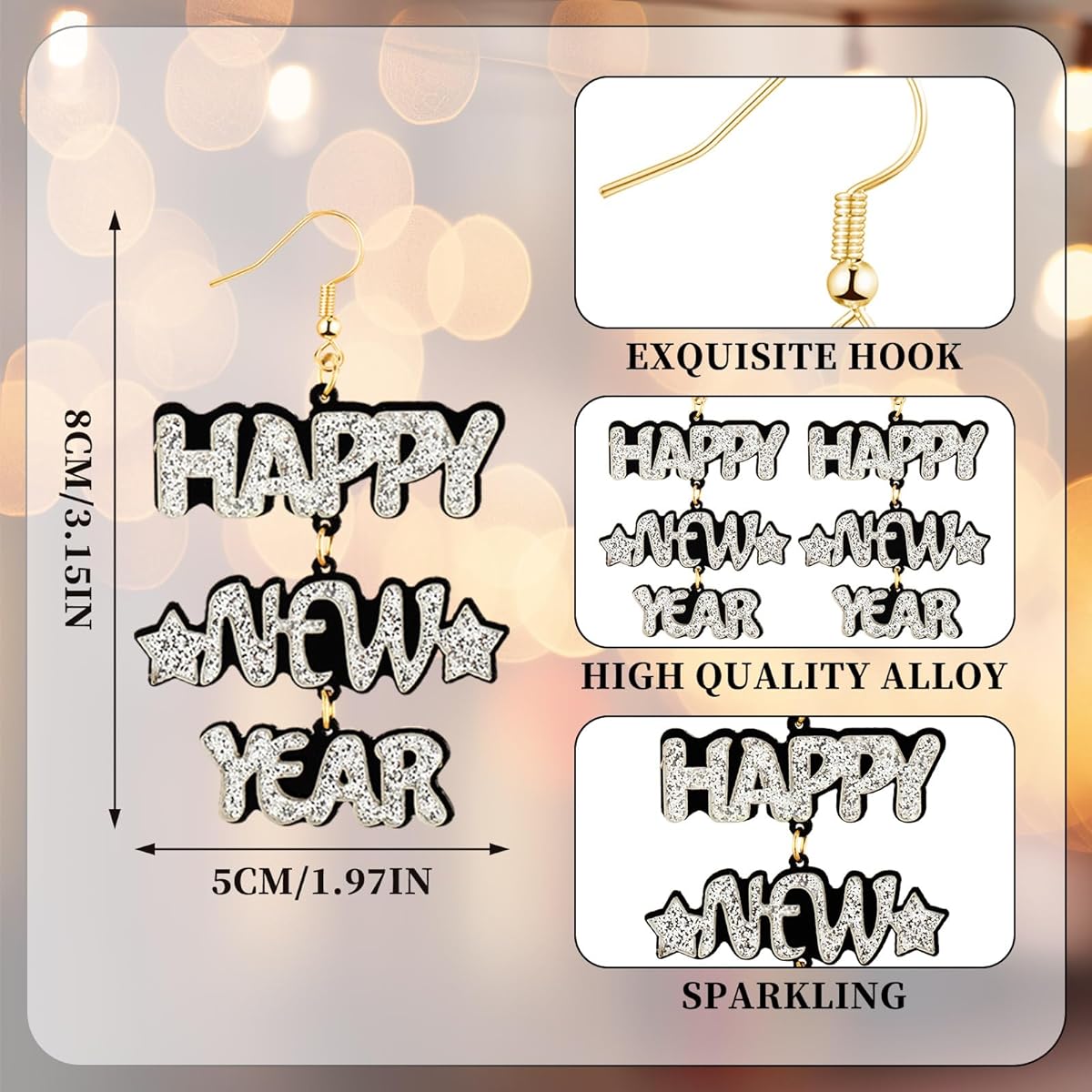 Aurelema 20 Pairs Happy New Year Earrings Bulk Glitter Holiday Earrings Christmas New Year's Eve Jewelry for Women Hook Drop & Dangle Earrings 2024 Festive Party Accessories Jewelry Gifts for Girls, Alloy, Rhinestone, Multicolor Amber