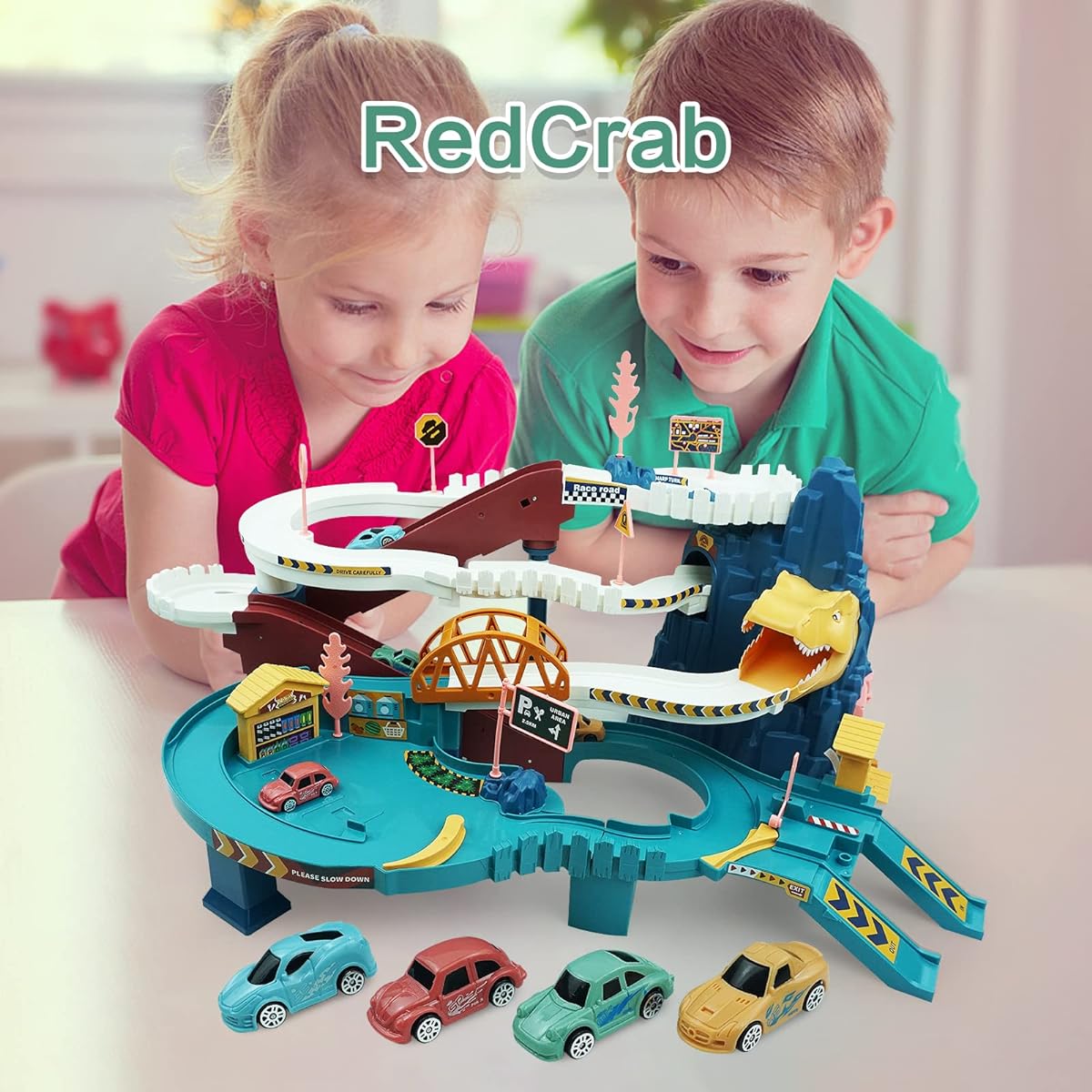 RedCrab Kids Dinosaur Car Playset Toy Ramp Track Set Dinosaur Adventure Toy with Flexible Track and 4 Mini Race Cars Winding Highway Dinosaur Hills Toy Gift for 3 4 5 6 Year Old Boys Girls