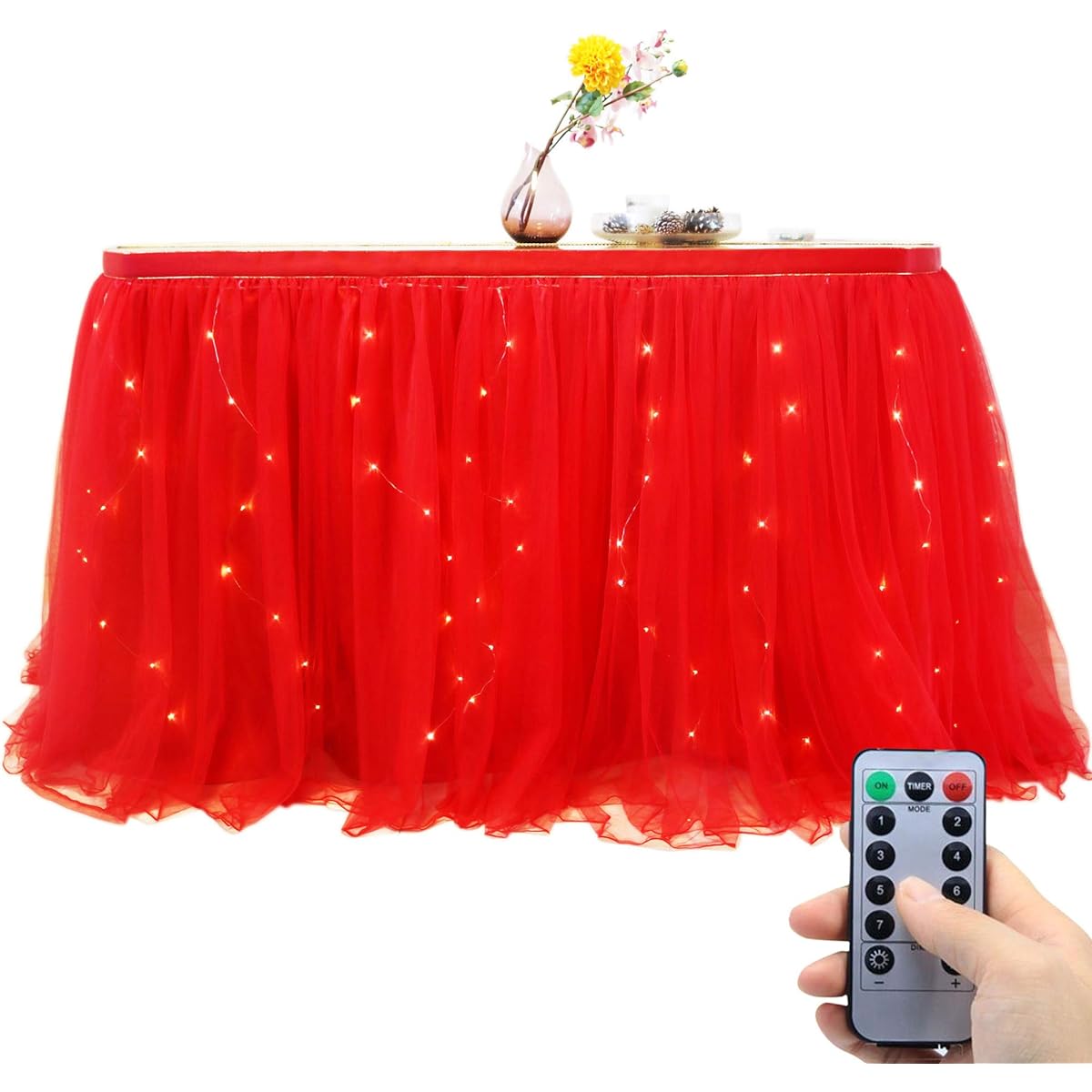 OakHaomie 10ft Table Skirt, Tulle Tutu Tablecloth with 15 String Lights for Party, Wedding, Birthday Party, Home Decoration, Table Skirting (Red, 10ftX2.60ft)