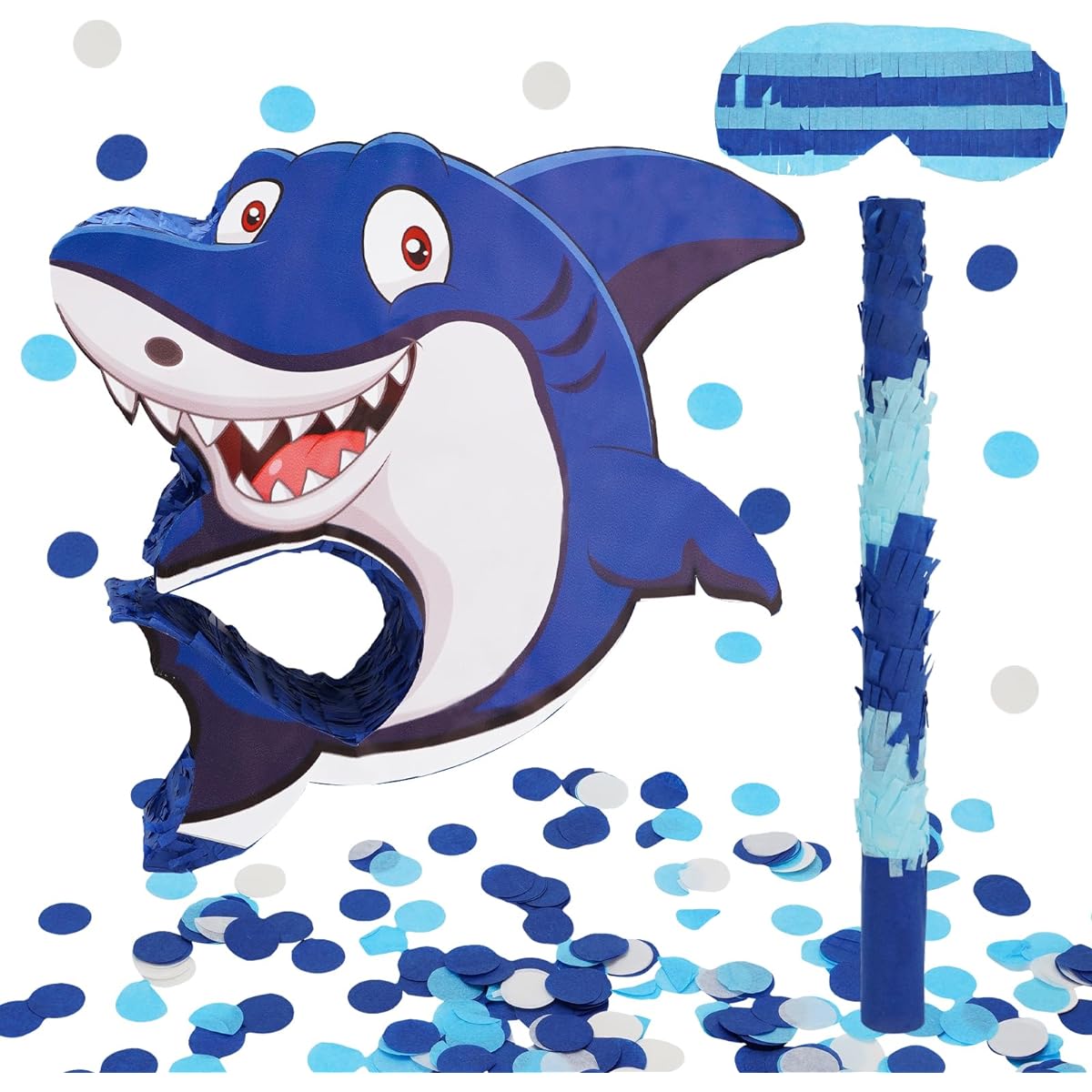 Whaline Shark Party Pinata Set with Blue Sticks, Blindfold, Confetti, Blue Shark Pinata, Small Ocean Themed Pinata for Summer Birthday Anniversary Celebration Party Favors Game Decorations
