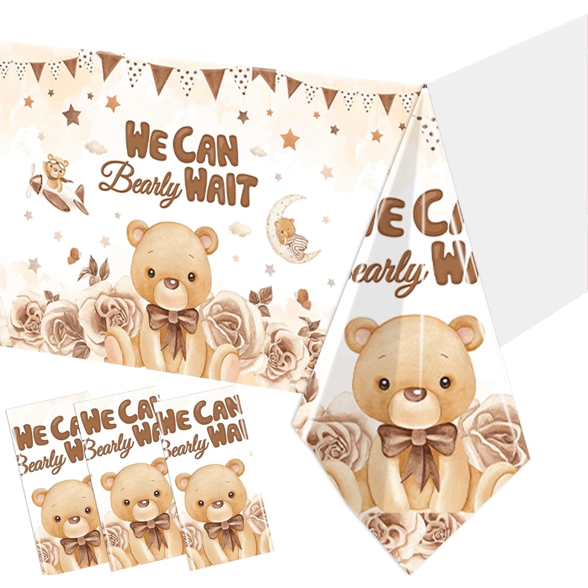 Bear Baby Shower Tablecloth - 3 Pieces We Can Bearly Wait Table Cover Neutral Bear Theme Party Supplies for Birthday Parties and Boys Girls Gender Reception