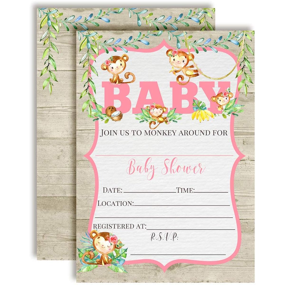 AmandaCreation Watercolor Jungle Monkeys Baby Girl Baby Shower Invitation 5"x7" Card with 20 White Envelopes