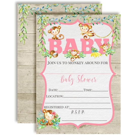 AmandaCreation Watercolor Jungle Monkeys Baby Girl Baby Shower Invitation 5"x7" Card with 20 White Envelopes
