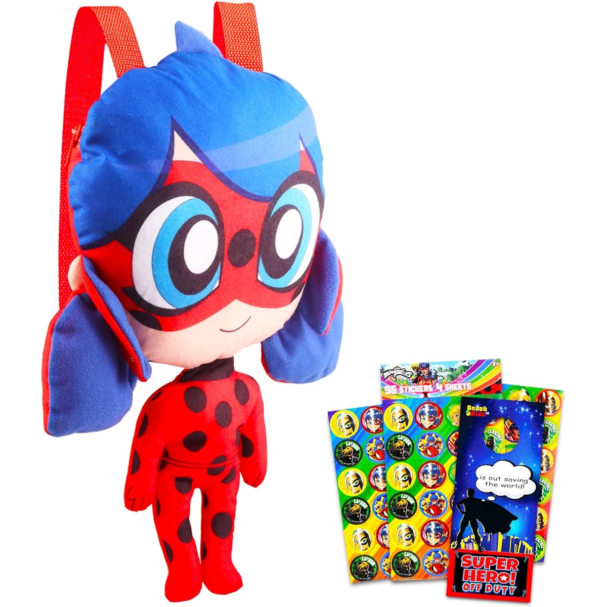 Miraculous Ladybug Plush Toy Set - 15" Miraculous Ladybug Plush Toy Set with Adjustable Carry Strap, Stickers and More (Miraculous Ladybug Gifts)