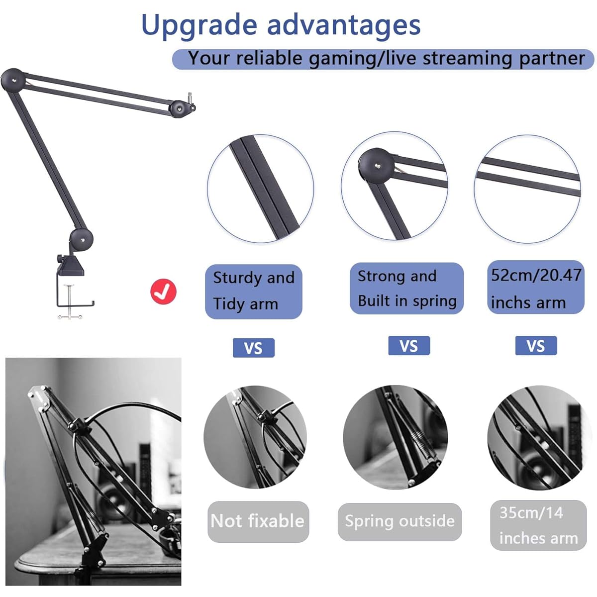 KOMISON Microphone Arm Stand Heavy Duty Microphone Arm Microphone Stand Suspension Scissor Boom Stand Cable Tie Blue Yeti Snowball for Gaming/Recording/Quadcasting (Black)