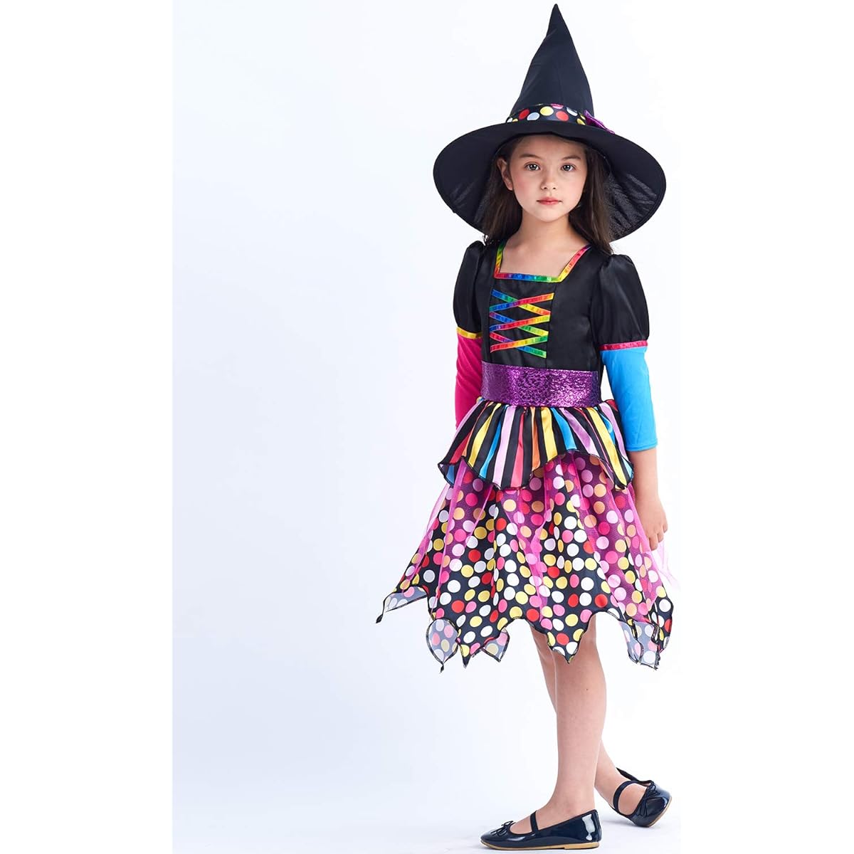 Witch Costume for Girls Kids Magical Dress Up Outfit Halloween Party Suit with Color Skirt and Hat