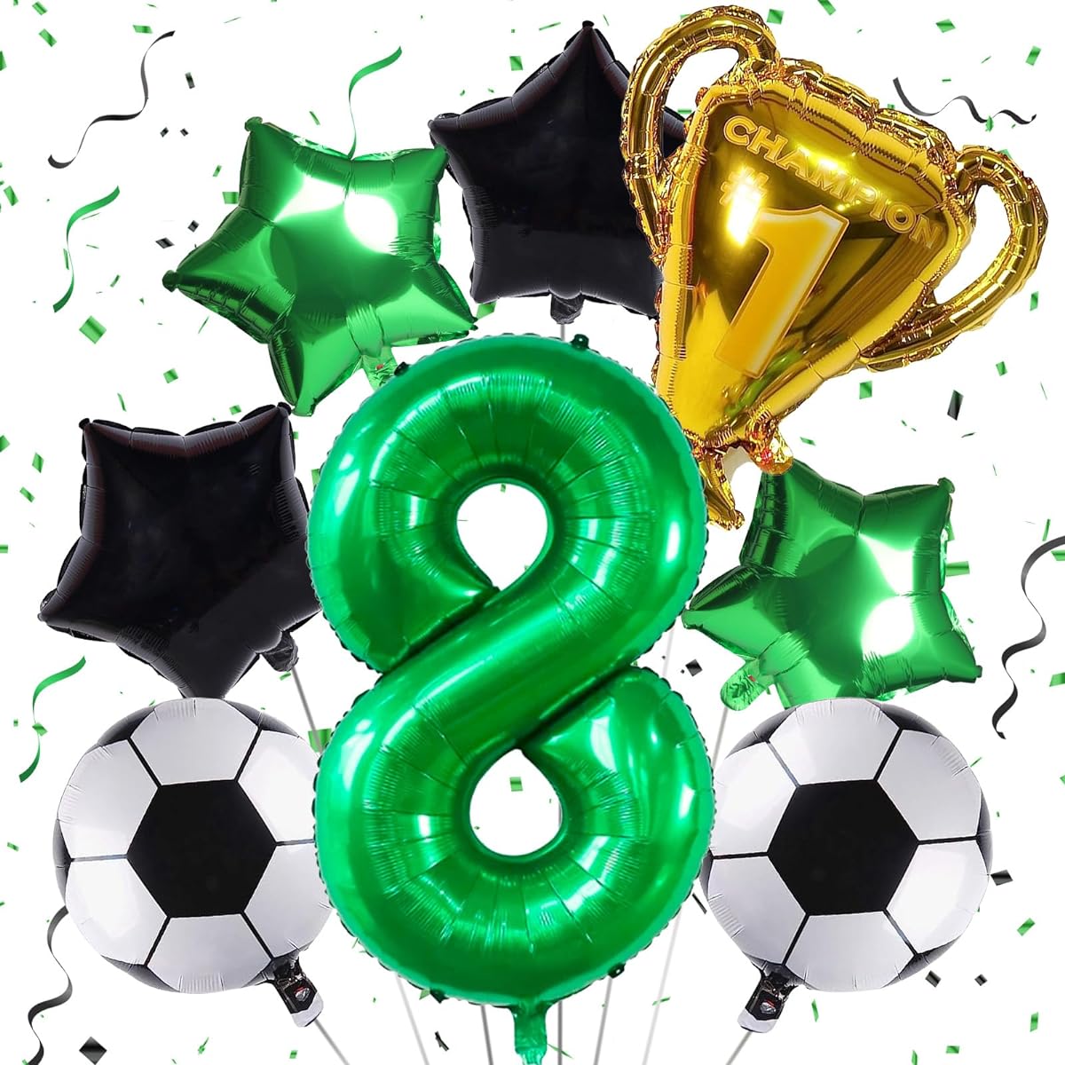 Soccer Balloons 8th Birthday Decorations for Boys Kids Soccer Birthday Party Supplies with Championship Trophy Balloons World Cup Party Decorations Balloons Foil Black Green Sports Theme Party Decor