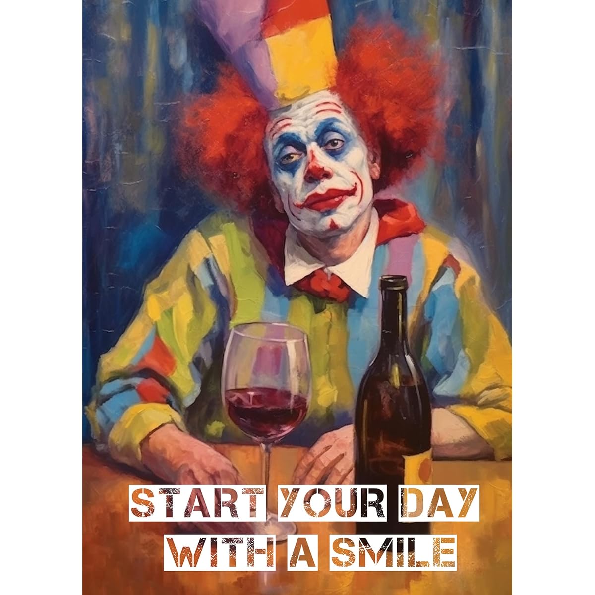 PIXILUV De-Motivational Greeting Cards ~ Clown in Bright Clothes Excited about Drinking Wine by Himself ~ Funny Cartoon Greeting Cards for Birthdays and Any Occasion