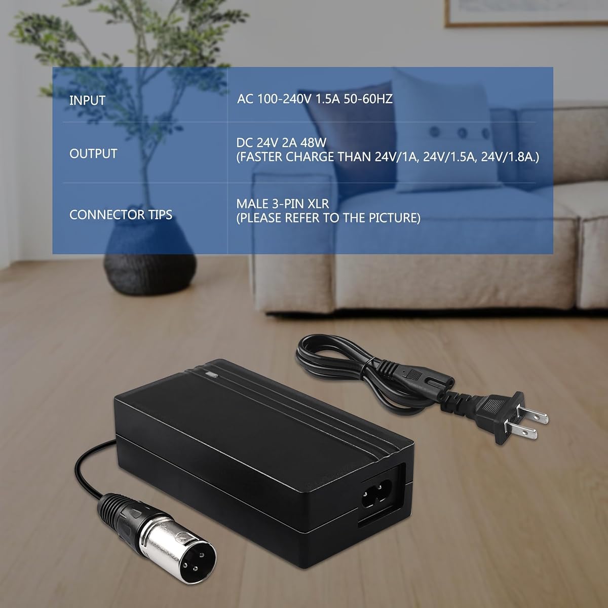 BXIZXD 24V 2A XLR E-Scooter Battery Charger with 3-Pin Connector for Go-Go Elite Traveler Plus HD US, Ezip Mountain Trailz, Jazzy Power Chair - 4ft