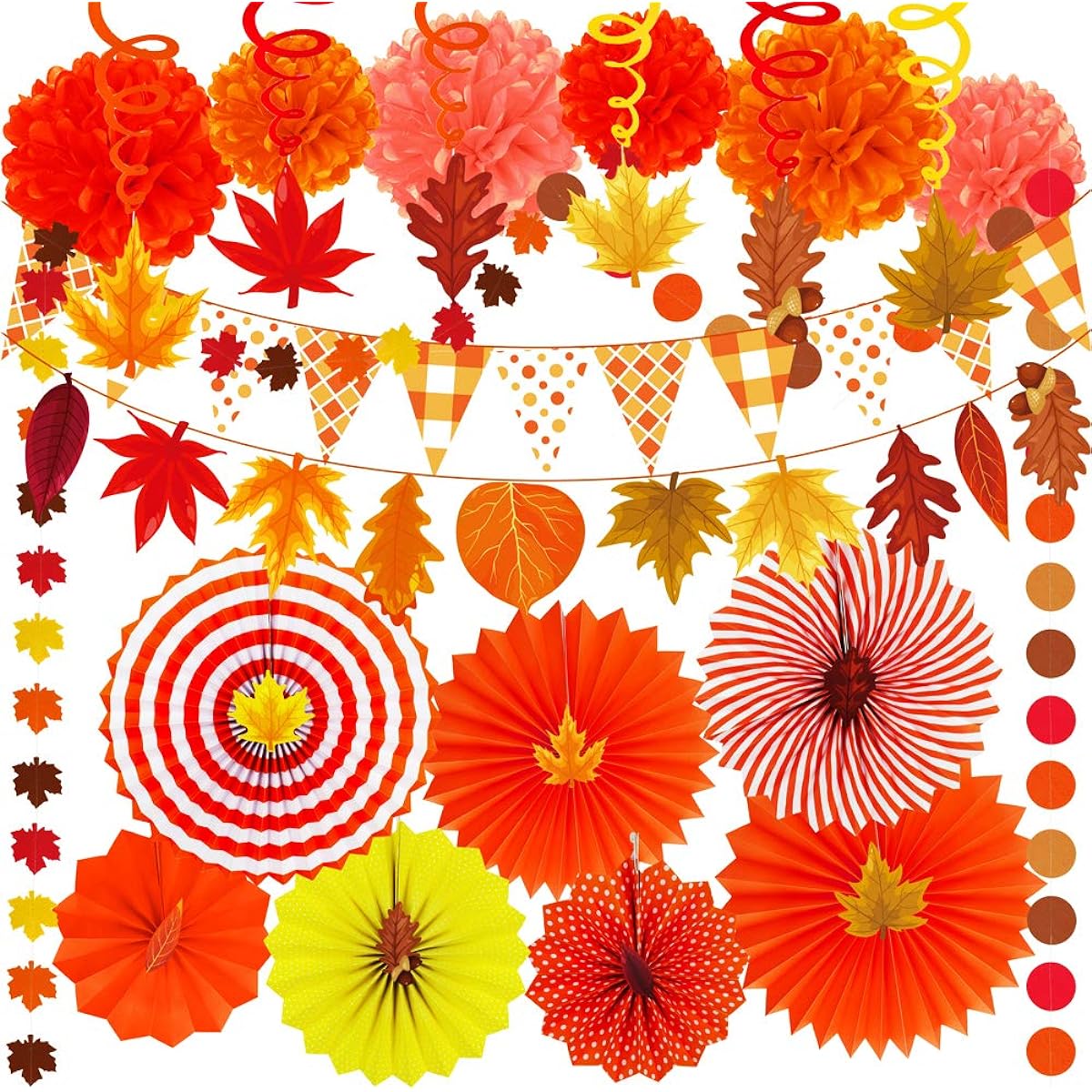Supla Fall Party Decorations Set, 40 Pack Fall Hanging Paper Fans Pom Poms Fall Maple Leaves Party Swirls Streamers Fall Banner Backdrop Garland String for Thanksgiving Wedding Birthday