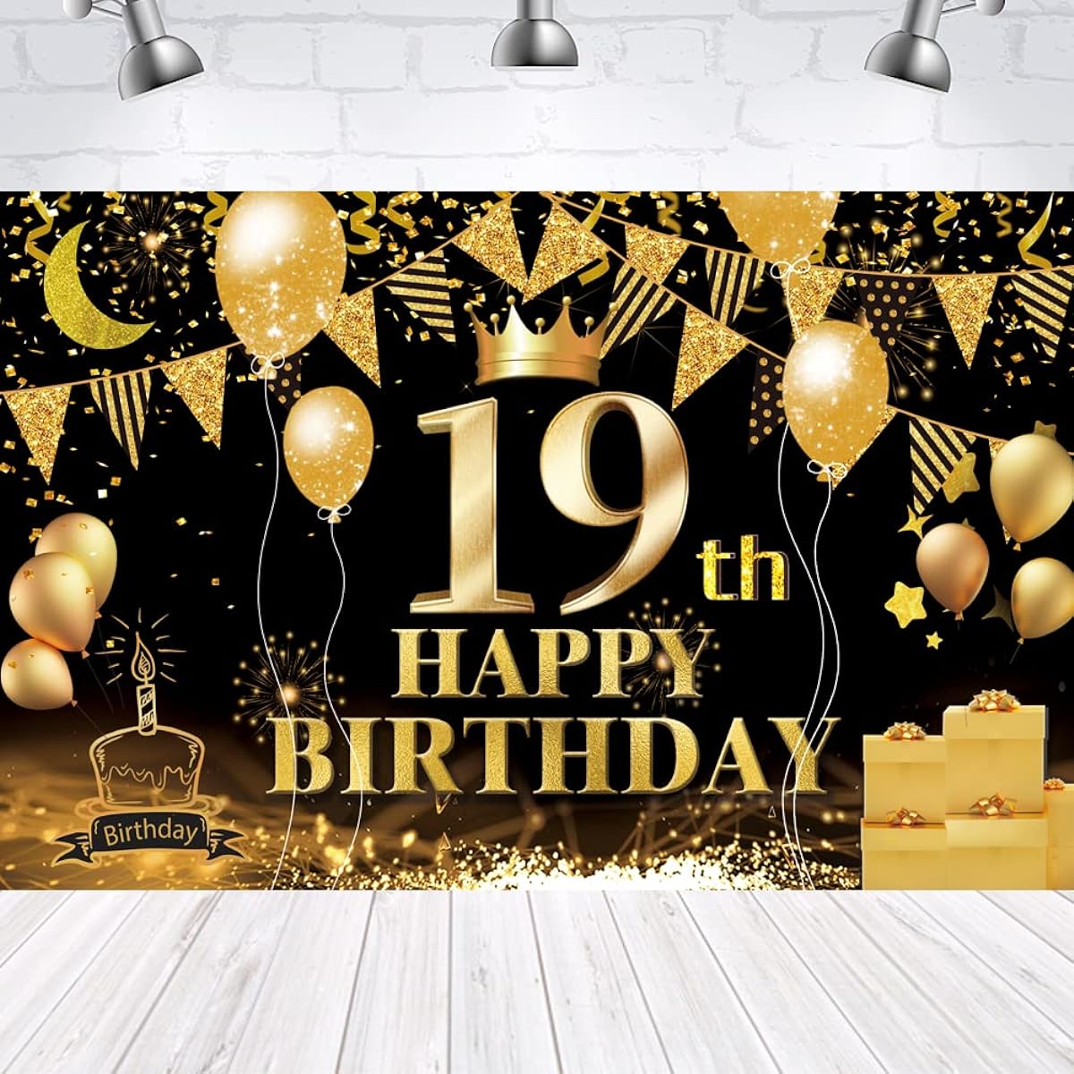Happy 19th Birthday Backdrop Banner Black Gold 19th Sign Poster 19th Birthday Party Supplies Favors Photo Booth Photography Background Birthday Party Decorations 72.8 x 43.3 Inch