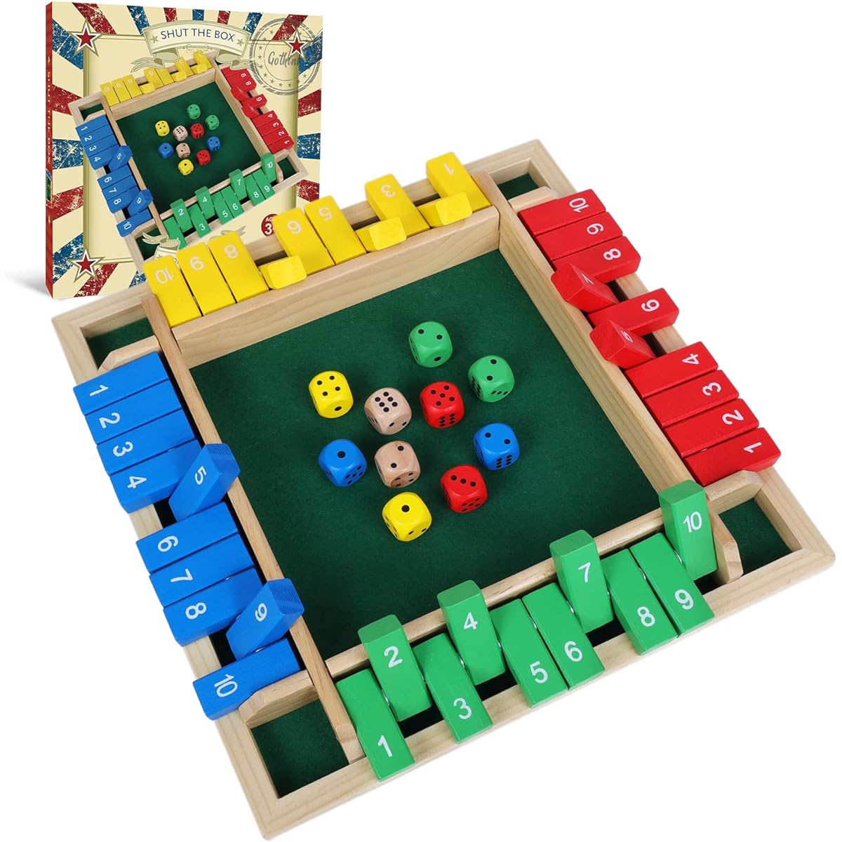 GOTHINK 12 Inch Shut The Box Dice Game with 10 Dice Colorful Traditional Wooden Table Math Board Game 10 Numbers for Kids/Adults/Family/Classroom/Home/Pub Bar for 1-4 Players