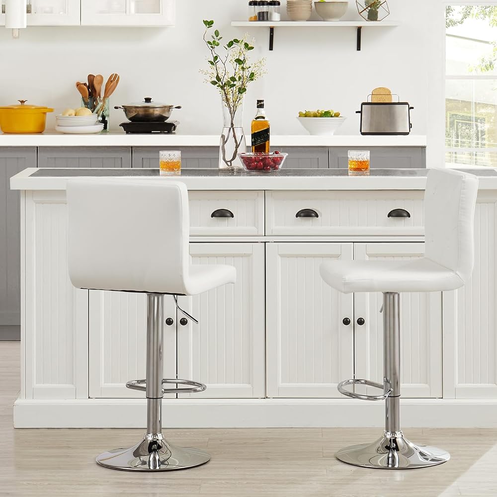 VECELO Counter Chair Bar Chair Liftable Rotating [Set of 2] High Chair with Footrest and Backrest for Dining Kitchen Adjustable Compact Lightweight Stylish Bar Counter Island Kitchen PU Leather White [Regular Japanese Import Product]