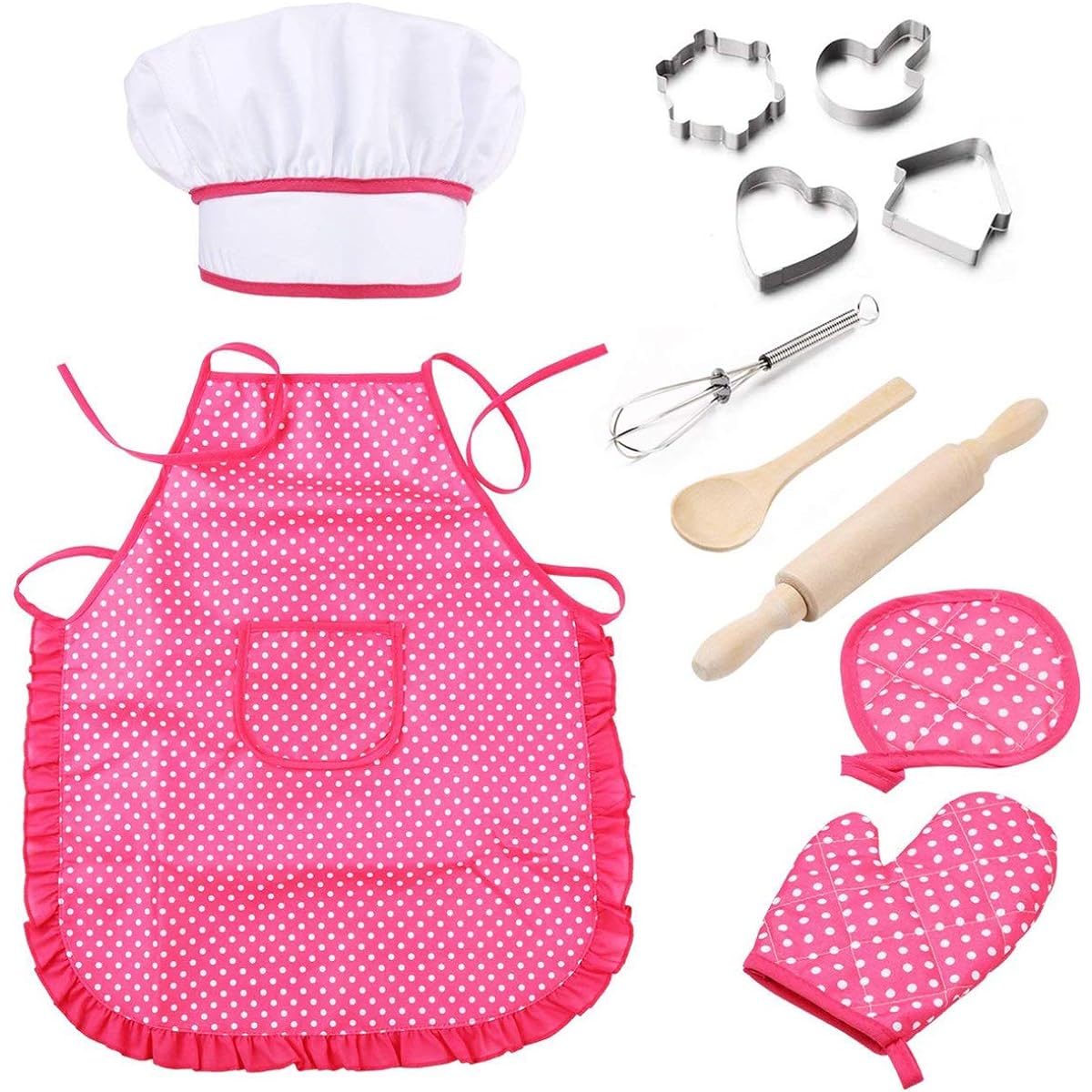 TRADERPLUS Chef Set for Kids, 11pcs Kitchen Costume Role Play Kits Gift with Hat, Apron, Cooking Mitt for Girls - Pink