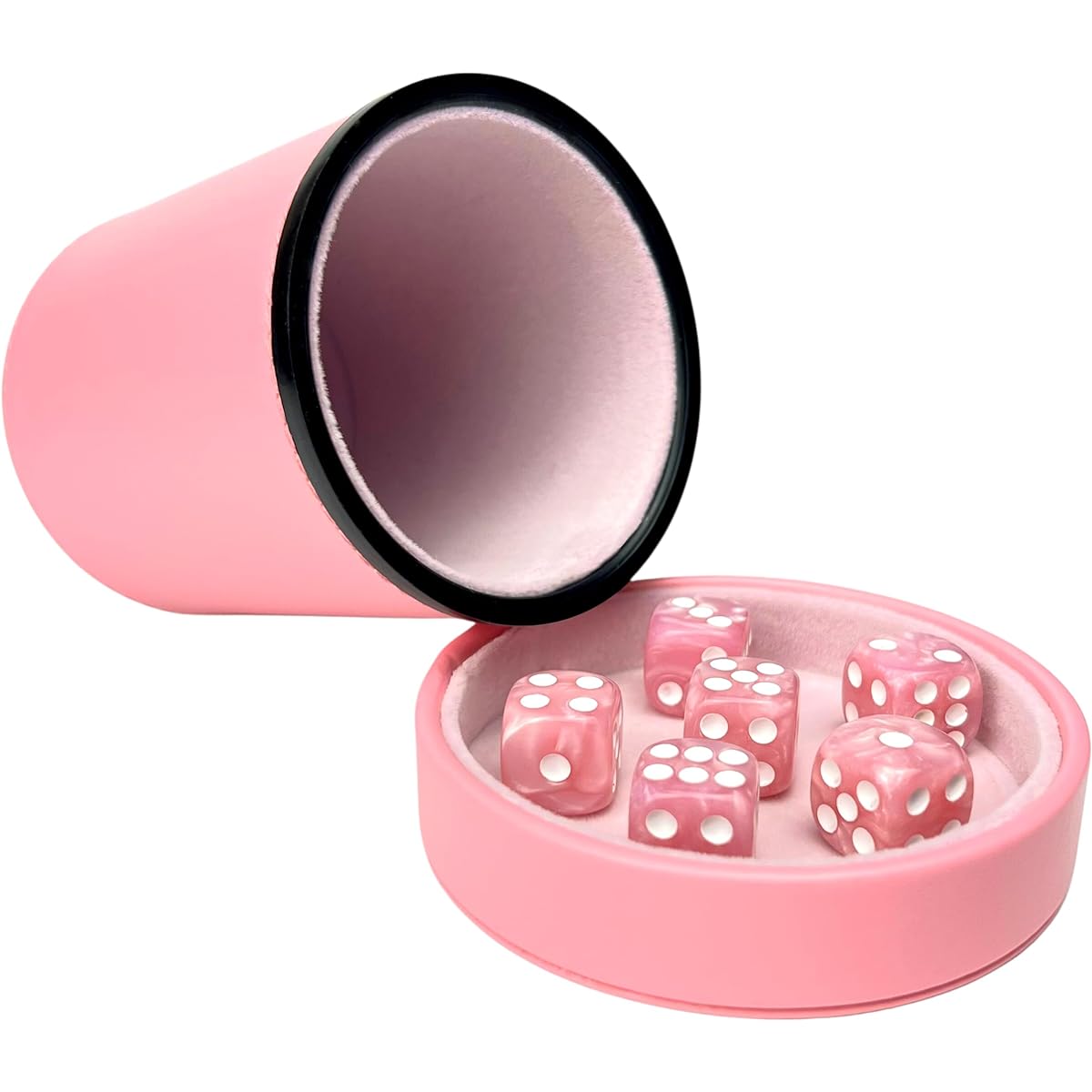 Luck Lab Pink Leather Dice Cup with Lid and 6 Matching Pearl Dice - Quietly Rocking Inside the Pink Velvet Interior - for Liars Dice Farkle Yahtzee Board Game