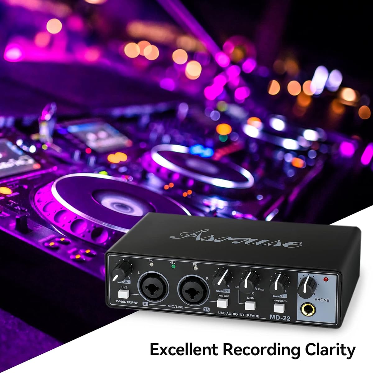 Asmuse USB Audio Interface 24-bit/196kHz Professional Sound Card Audio Mixer with XLR/TSR/TS Ports for Guitarist/Vocalist/Podcaster/Producer (Black)