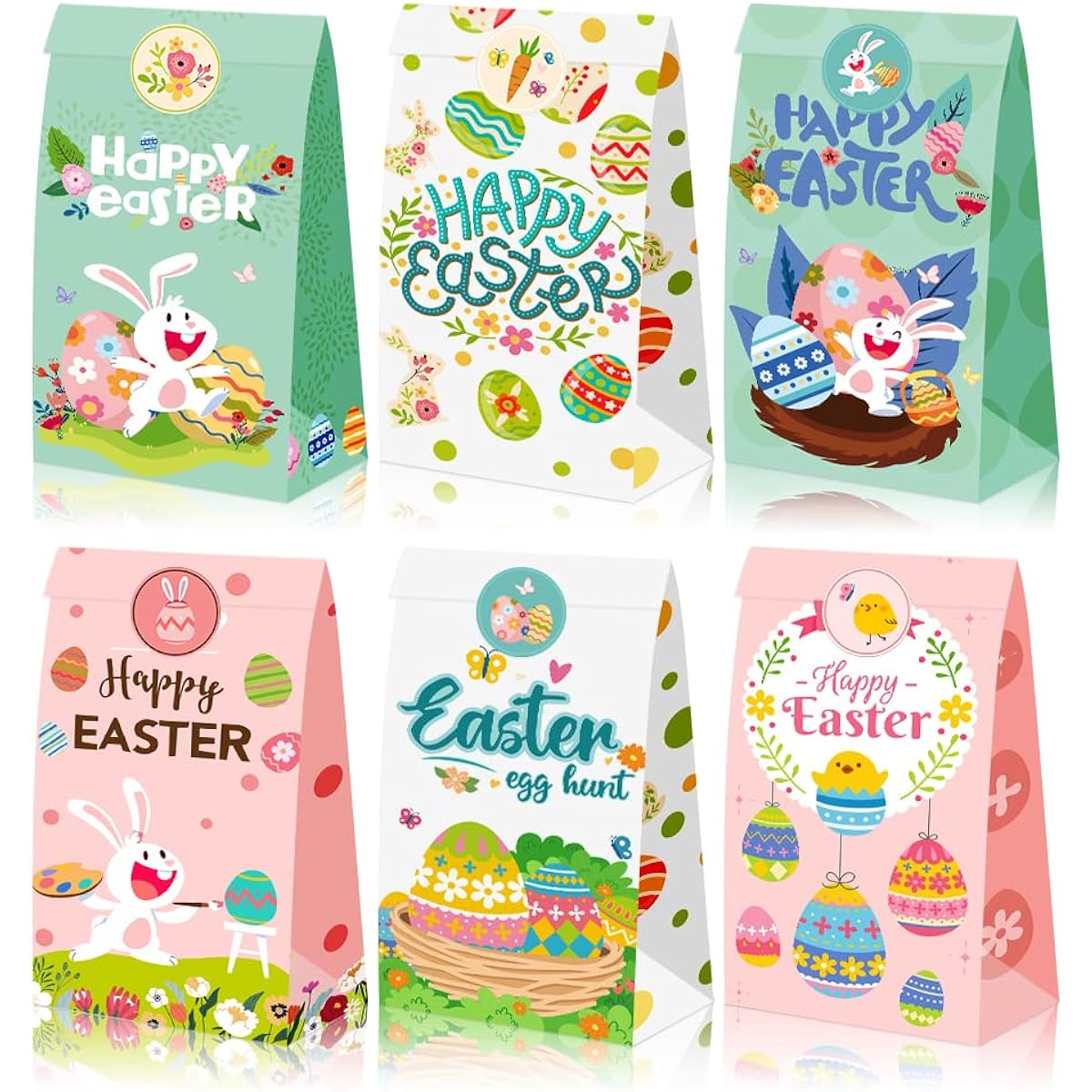 SCIONE 24pcs Easter Basket Stuffers for Kids Easter Goodie Paper Bags Treat Bags Bulk stcikes Easter Gifts Party Favors Holiday Spring Party Supplies