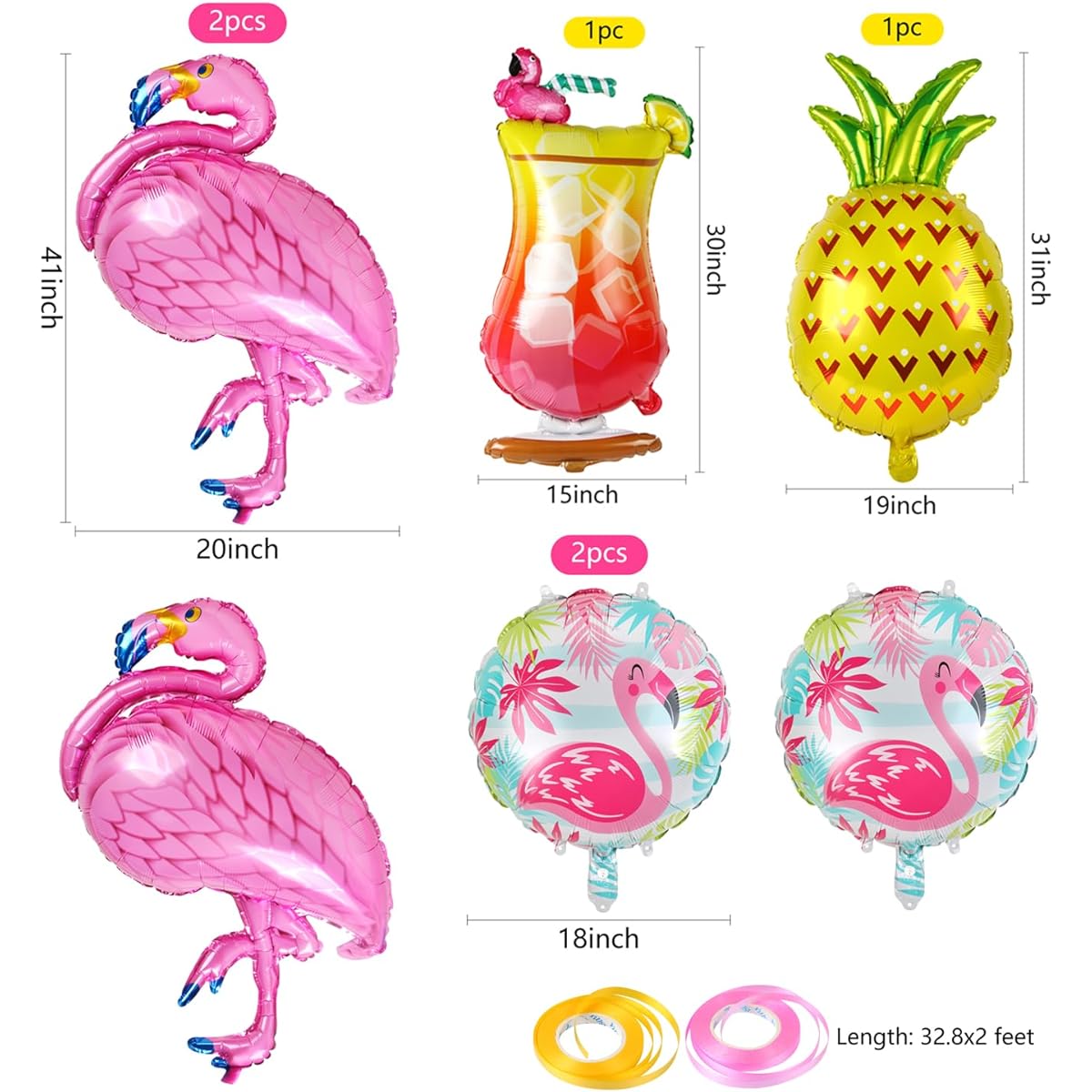Aunifun Flamingo Party Balloons Supplies, Hawaiian Party Decorations Balloons Pink Flamingo Tropical Pineapple Drinking Cups for Summer Beach Birthday Party Decorations with Balloon Ribbon, Pack of 6