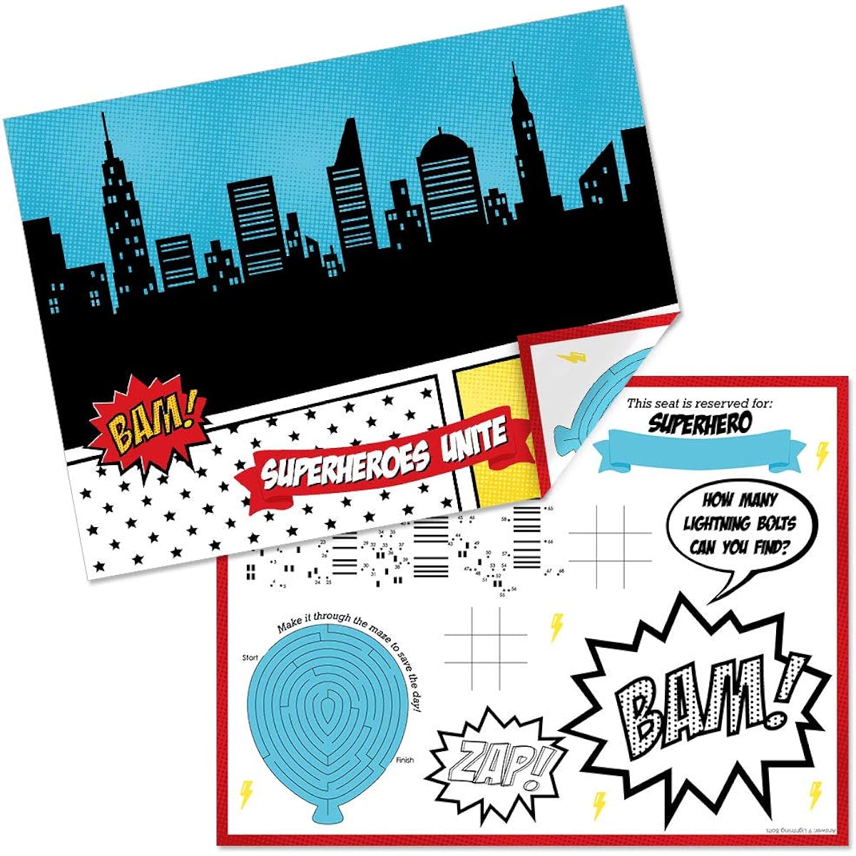 Big Dot of Happiness Bam Superheroes - Paper Birthday Party Coloring Sheets - Activity Placemats - Set of 16
