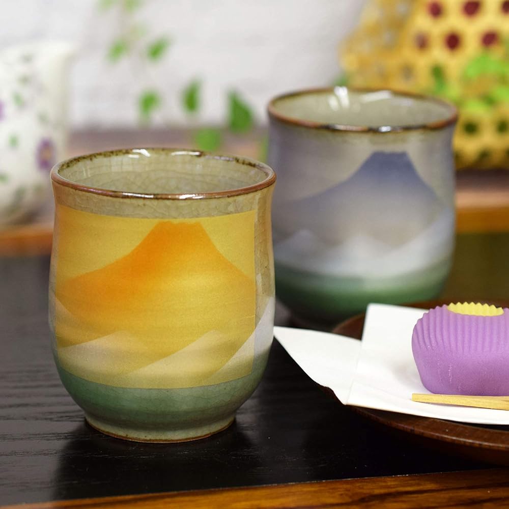 Stylish Kutani ware Couple Tea Cup Fuji Mountain Range Ceramic Japanese Tableware Pair Tea Cup Made in Japan