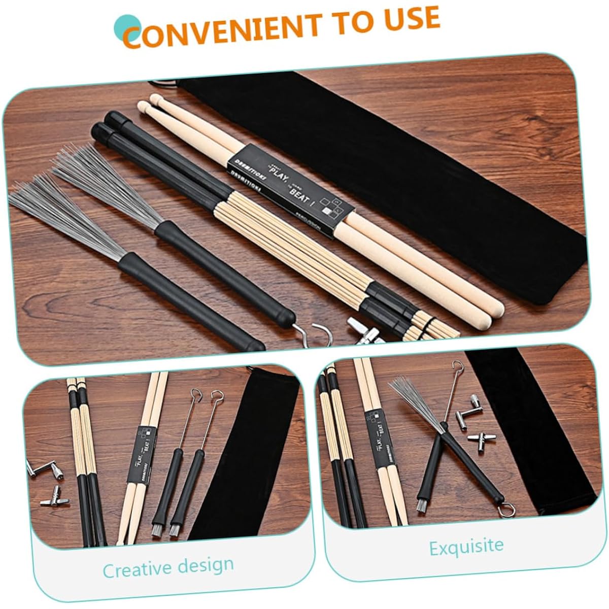 Vaguelly Set of 4 Drumsticks, Drum Brushes, Percussion Sticks, Jazz Brushes, Percussion Drum Tools, Drumstick Brushes, Drum Tuning Keys, Drum Keys, Drum Cleaning Tools