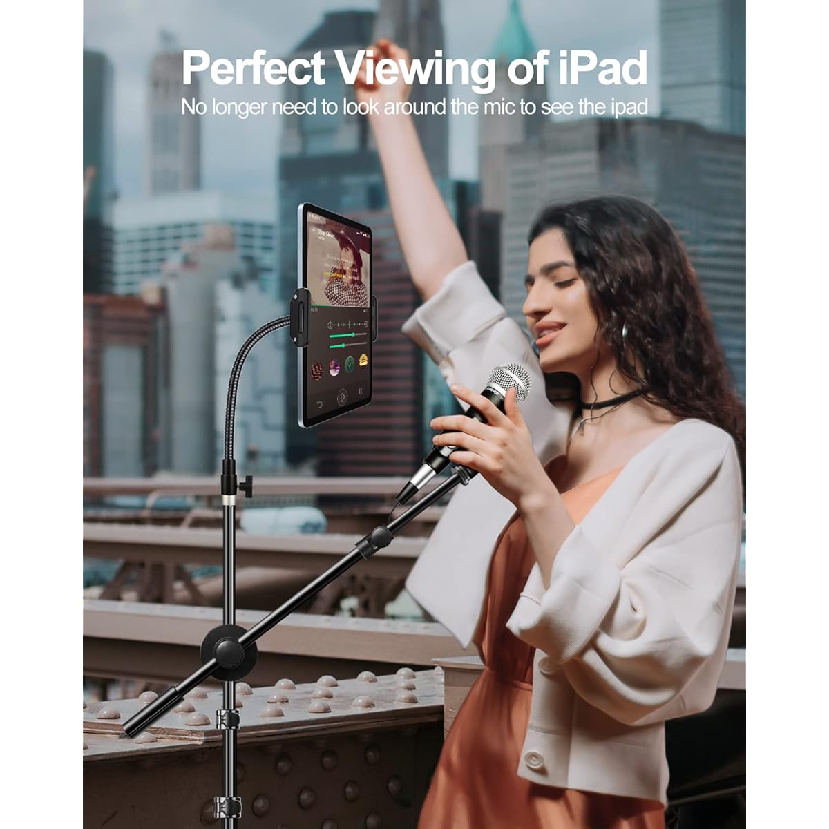elitehood Boom Microphone Stand with iPad Holder, Heavy Duty Microphone Stand with Tablet Holder Mount, Tablet Floor Tripod Stand for iPad Cell Phone Mic, Foldable Microphone Stand for Singing & Music
