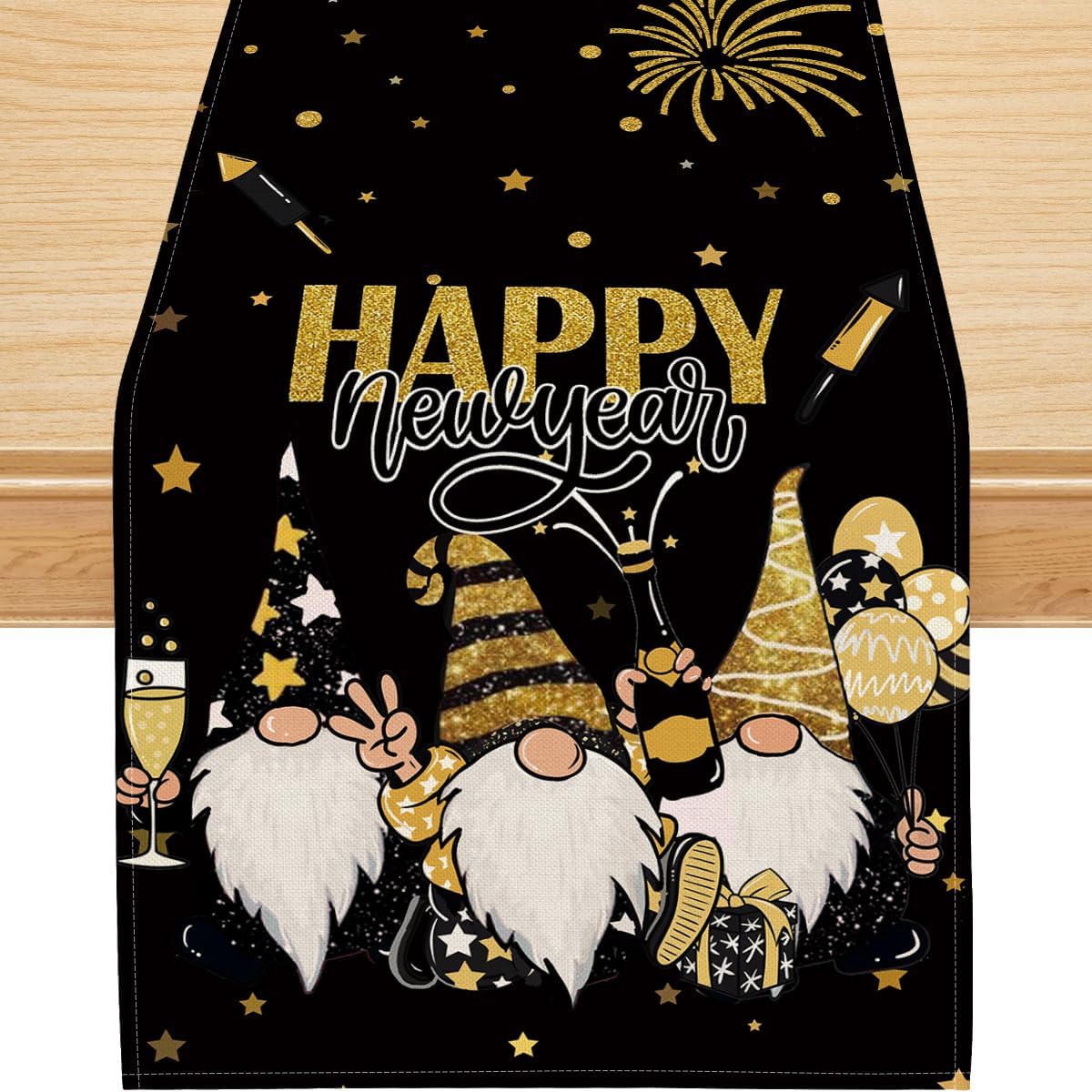 Siilues New Year Table Runner Funny Gnome Happy New Year Decoration Cheers Runner for Table Seasonal Winter Holiday Indoor/Outdoor Dining Table Decor (13" x 72")