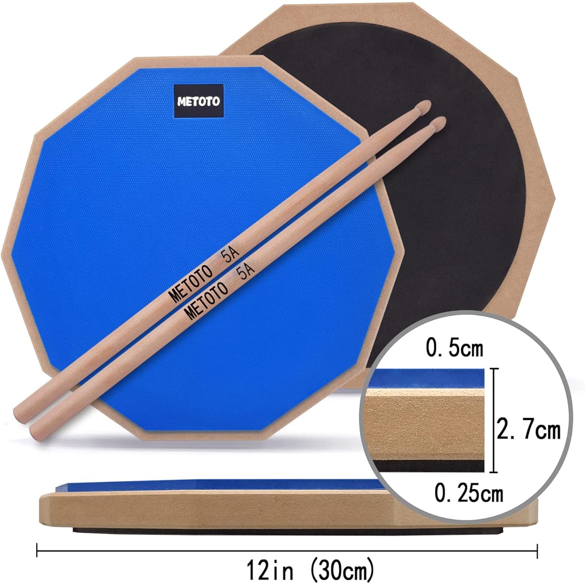 METOTO Snare Drum Practice Pad for Drums, 12 Inch Double-Sided Practice Drum Pads and Sticks (2 Pairs) Drum Pad Storage Bag Drum Practice Pad (Blue), YAGU-10