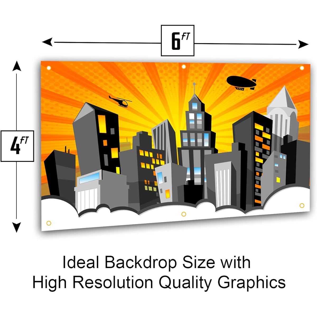 Bigtime Signs XL Superhero Backdrop with 6 Comic Action Words Photo Booth Props - Perfect for Superhero Party Decorations - 4 x 6 Feet - Cityscape Superhero Birthday Decorations Easy to Hang on the Wall