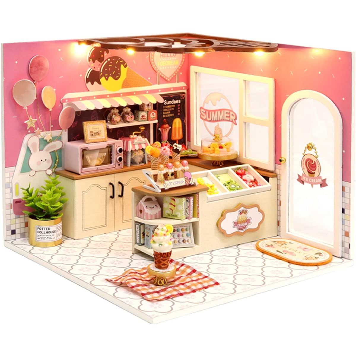 Flever Dollhouse Miniature DIY House Kit Creative Room with Furniture Romantic Valentine Gift (Happy Ice Cream Shop)