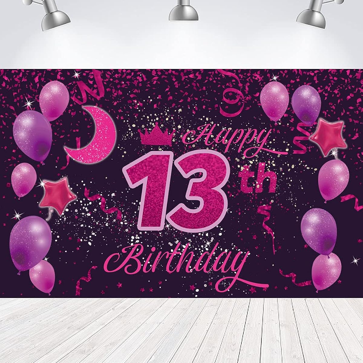 Sweet Happy 13th Birthday Backdrop Banner Poster, 13th Birthday Party Decorations, 13th Birthday Party Supplies, 13th Photo Background for Girls, Boys, Women, Men - Pink Purple 72.8 x 43.3 Inch