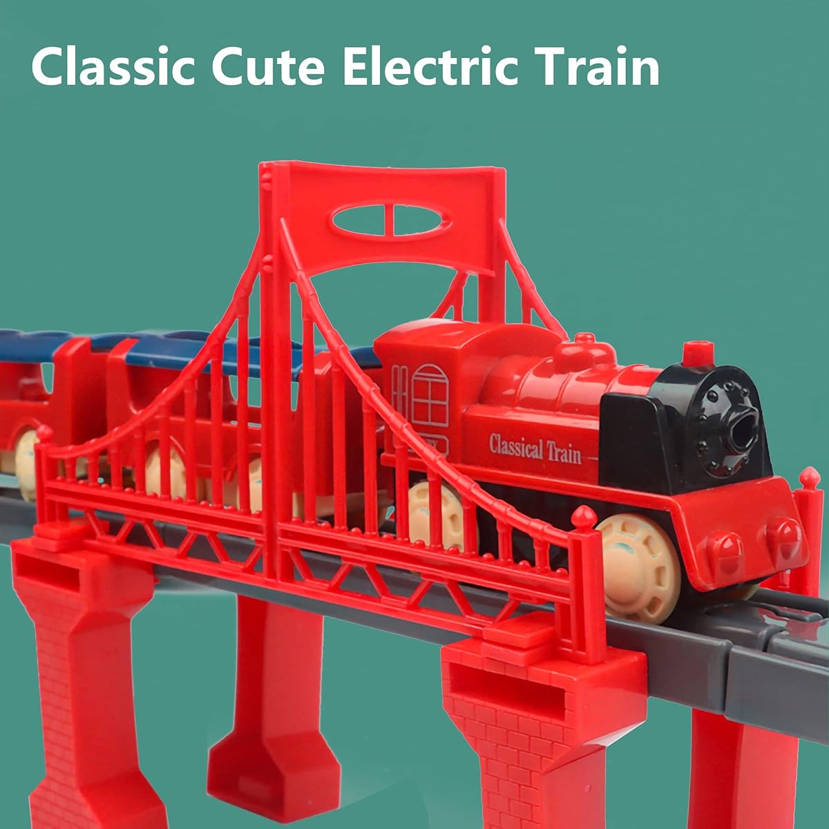 HSEONEJIA 78 Pieces Large Dinosaur Track Toy Set with Bridge, Plastic Tracks, Wooden Tracks, Compatible with Thomas/BRIO/Melissa and Doug, Ages 3+, Boys and Girls (Red)
