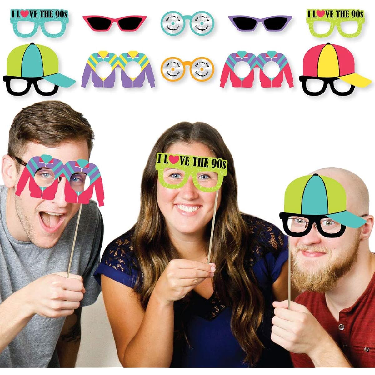 Big Dot of Happiness 90s Throwback Glasses - Paper Card Stock 1990s Party Photo Booth Props Kit - 10 Pieces