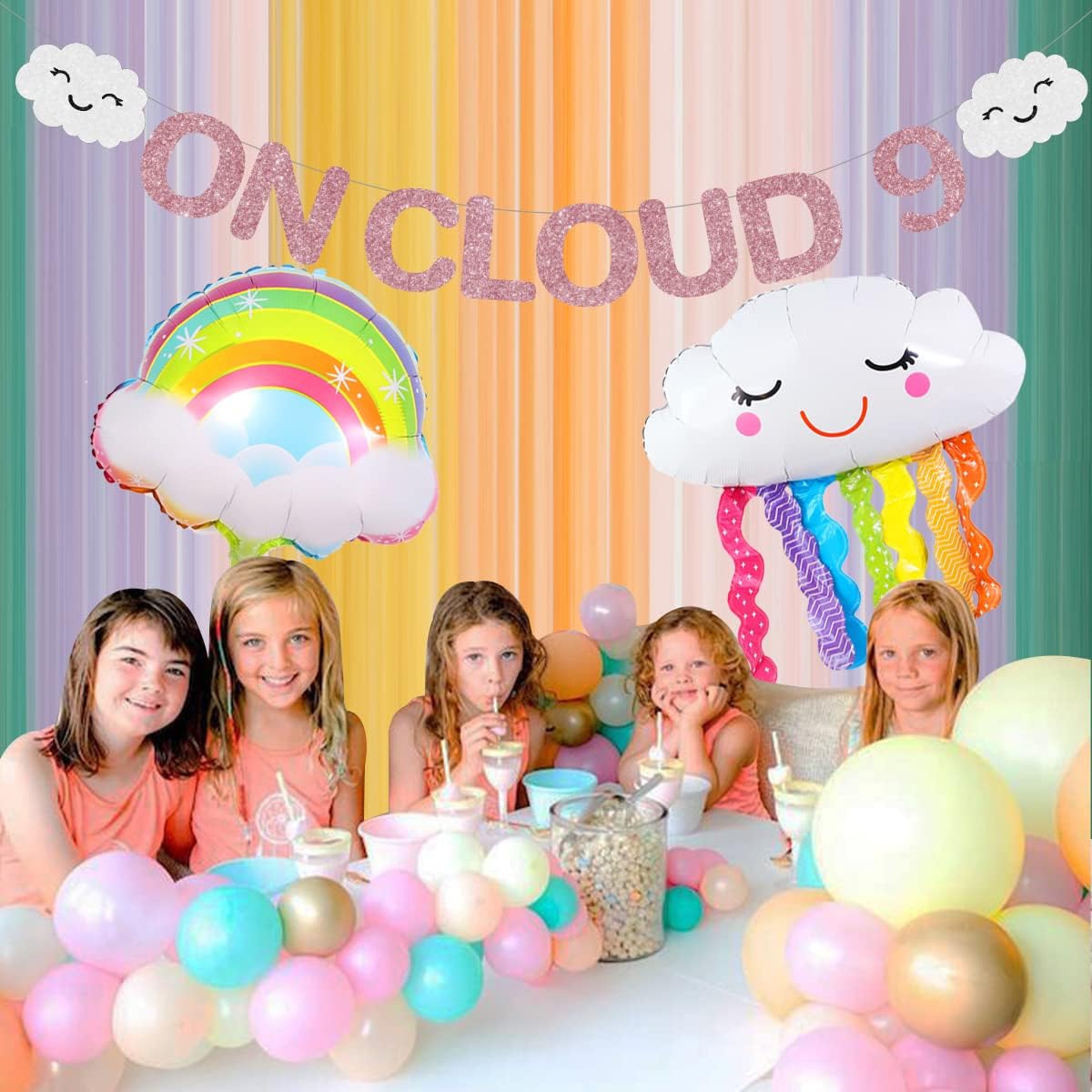 On Cloud 9th Birthday Decorations for Girls On Cloud 9 Banner Rose Gold Rainbow Cloud Balloon Cloud Rainbow 9th Birthday Party Supplies