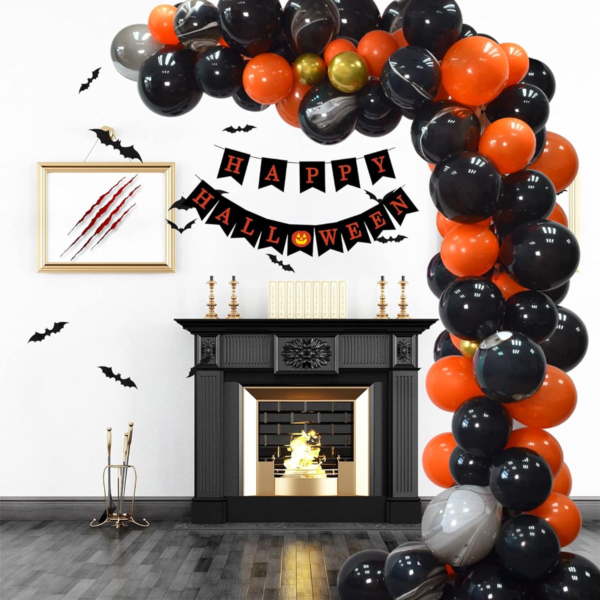 Halloween Decorations Balloon Arch Garland Kit 110pcs Black Orange Gold Happy Halloween Banner with 12 Bat Stickers Halloween Kids Birthday Party Decorations Supplies