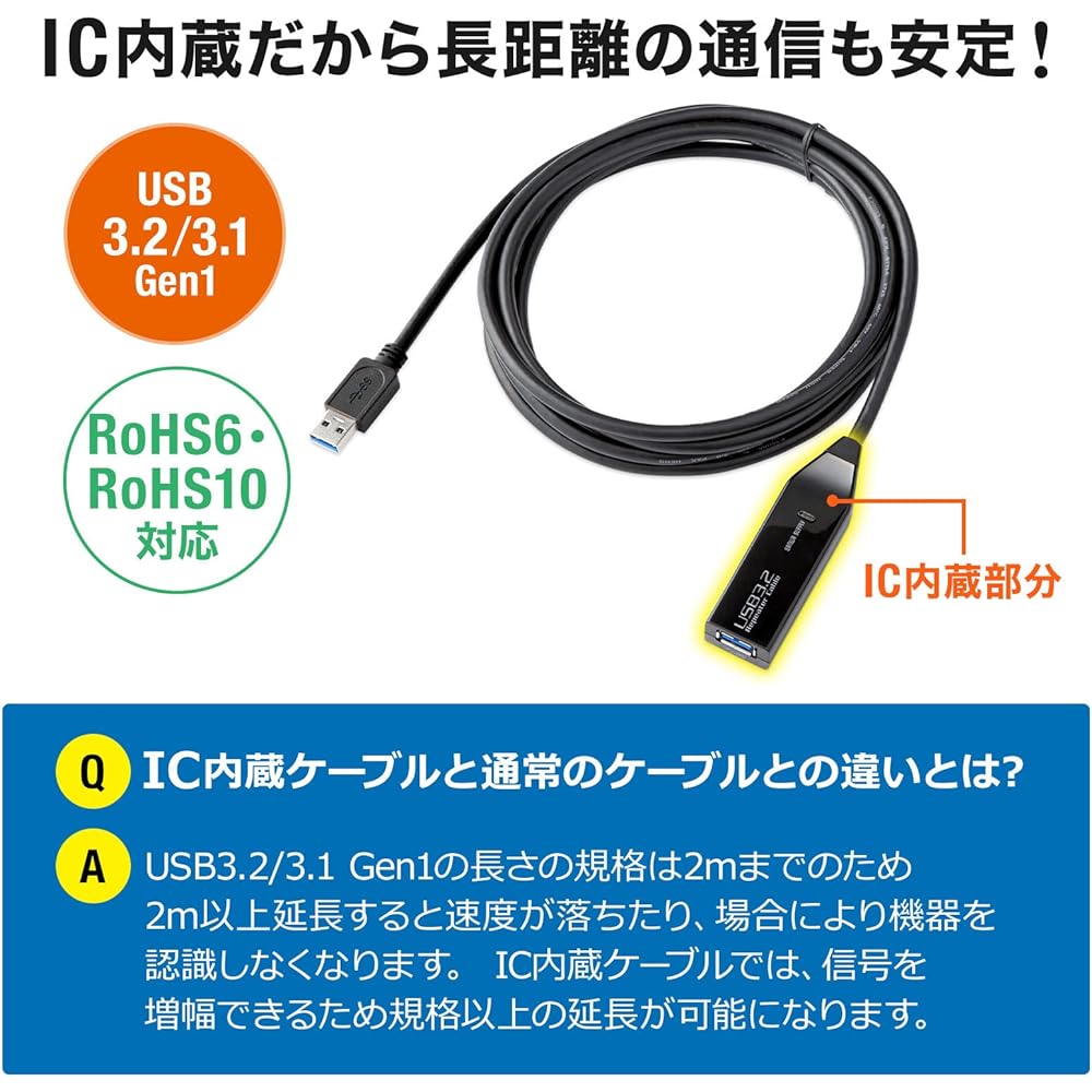 Sanwa Supply USB Extension Cable 3m Extension (USB3.2 Gen1 Active Repeater Cable) Daisy Chain Connectable (Up to 8m Extension) KB-USB-R303N