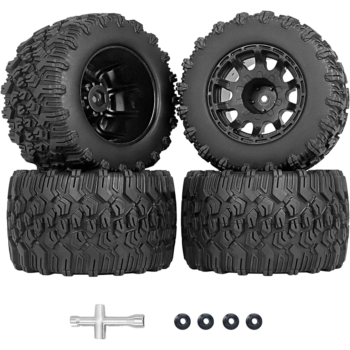 RC Station 2.8 RC Tires, 12mm Hex RC Wheels and Tires Pre-Glued, 1/10 Scale RC Tires with Foam Inserts, 4pcs 1/10 Traxxas Tires and Wheels, Off-Road for Traxxas Rustler Stampede Redcat RC Tires