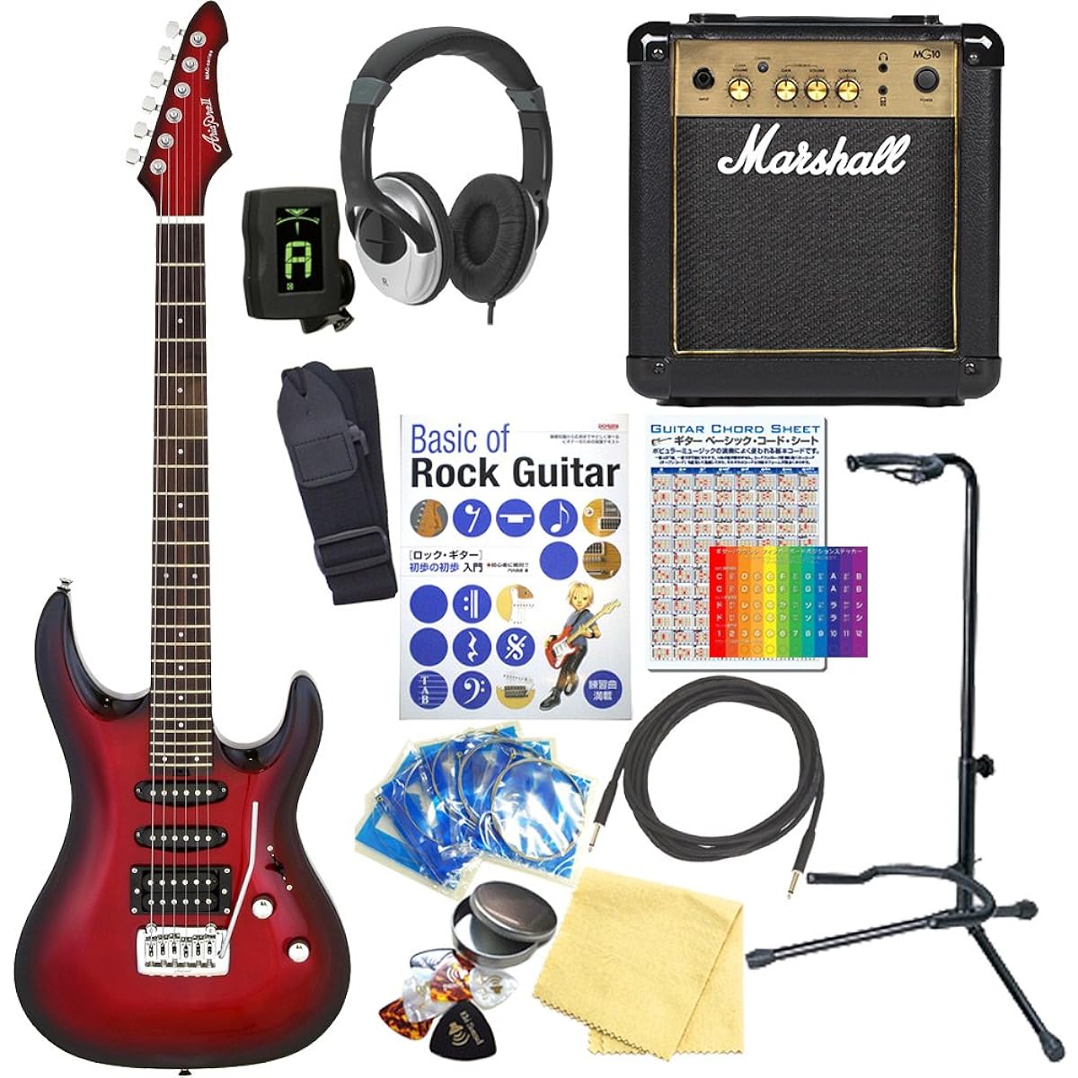 Electric Guitar Beginner Set AriaProII MAC-STD MRS with Marshall Amplifier 15 Piece Set