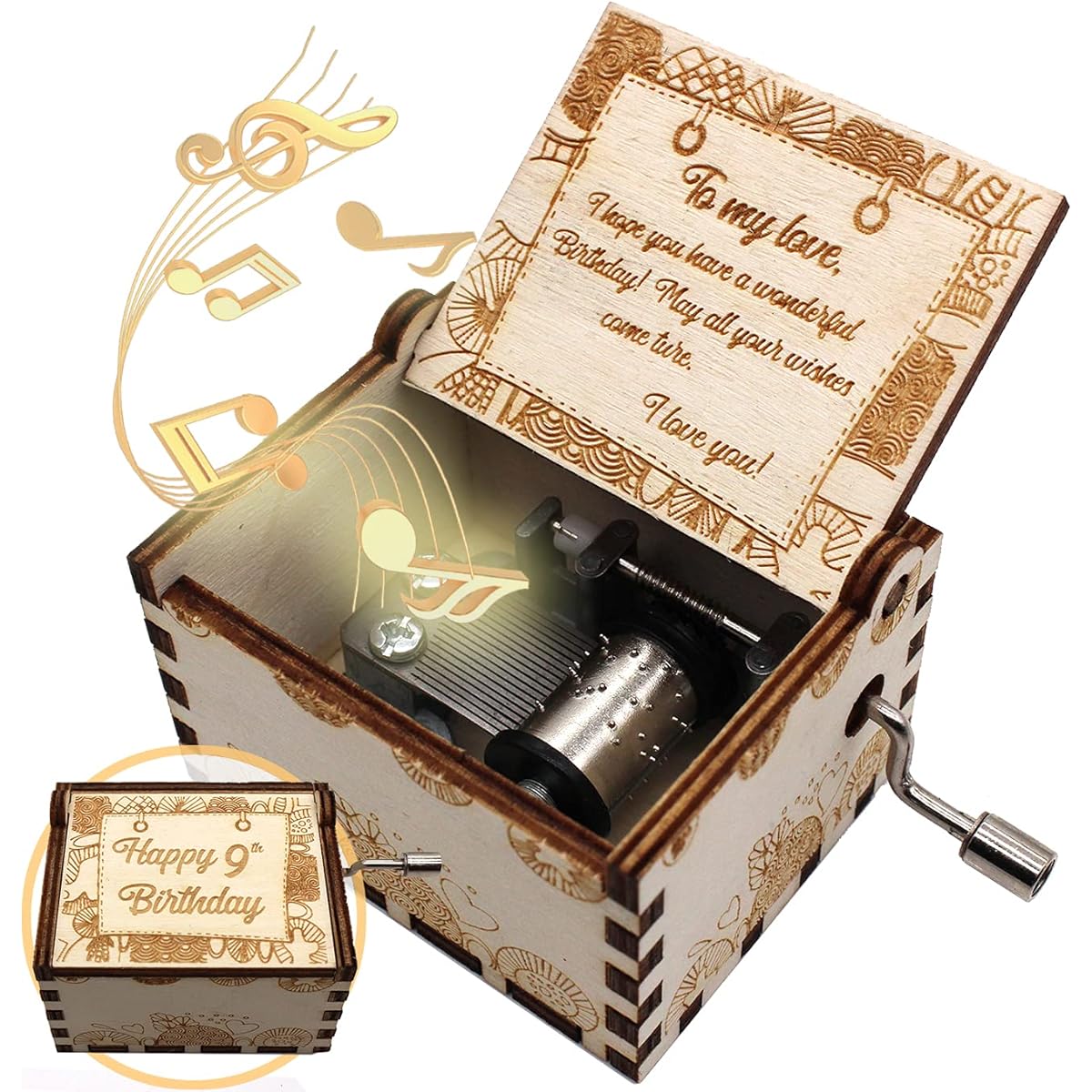 ukebobo Wooden Music Box - Happy Birthday Music Box 9th Birthday Gift 9th Birthday Party Decoration - 1 Set (9th-01)