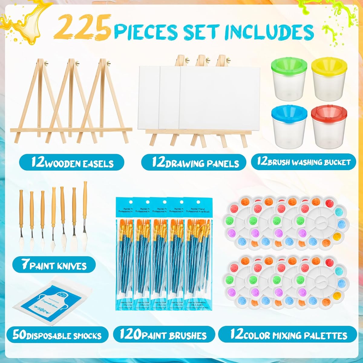 225 Piece Paint Set with 12 Canvases, Wooden Easel, 120 Paint Brushes, Palette, Smock, Brush Cleaning Bucket, Painting Supplies Kit for Kids and Adults Painting Party (12 x 10 Inch)