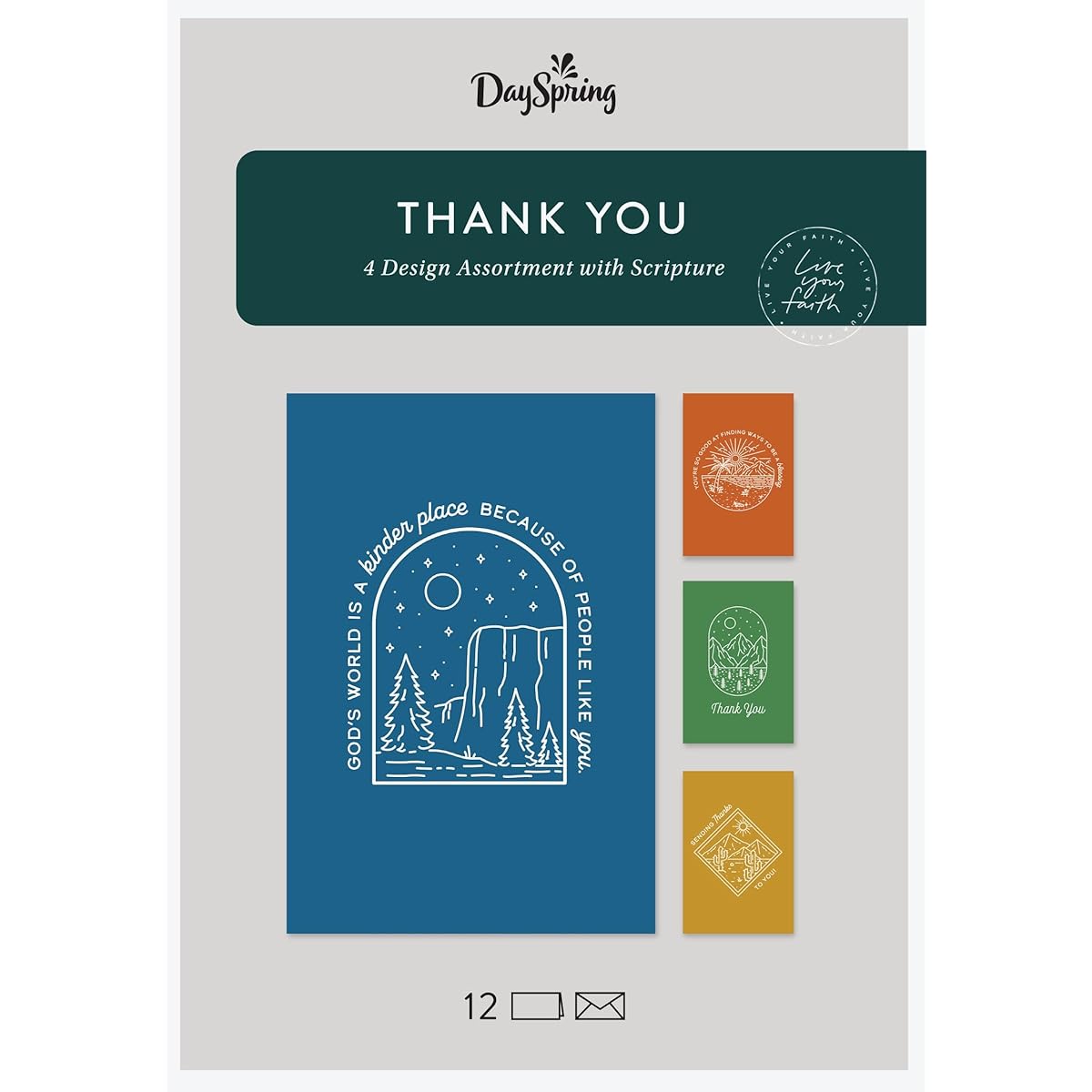 DaySpring - God's World is a Kinder Place - Thank You - 4 Assorted Designs with NIV Bible - Box of 12 Thank You Cards & Envelopes