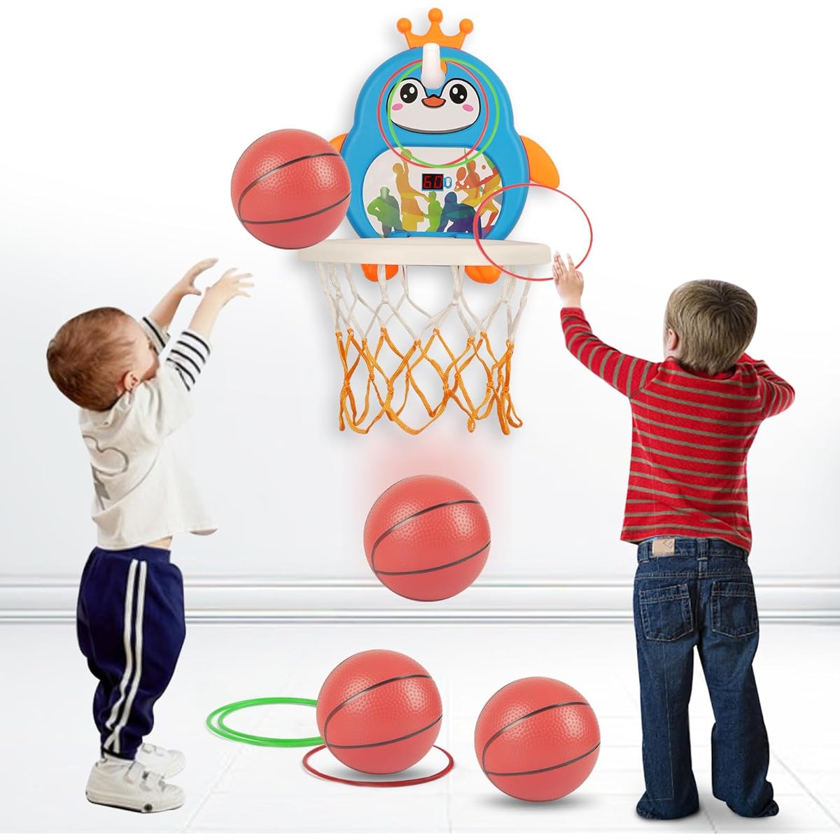 Indoor Mini Basketball Hoop for Toddler Kids Boys 1-3-4-5-6 Bedroom with 4 Balls & Electronic Scoreboard Adjustable Height Space Saving Toddler Toy Gift for 2 3 4 Year Old Boys, LQ4-PG-V02