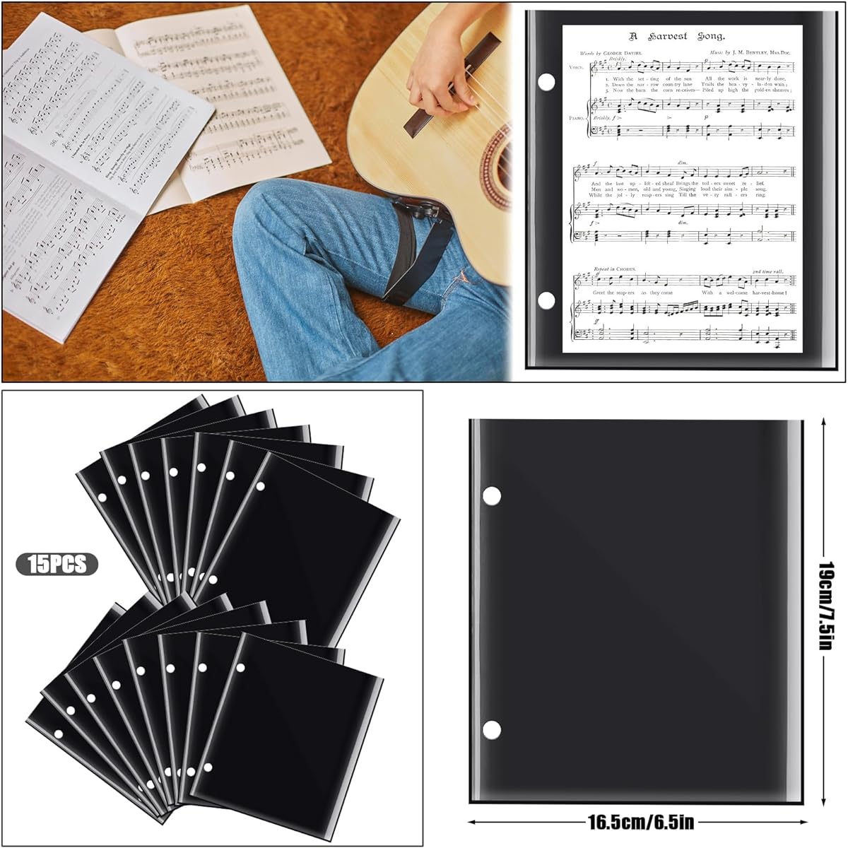 15 Flip Folder Pages 7.5 x 6.3 Inch Double Sided Marching Band Musical Flip Folio Pages with 2 Holes PVC Waterproof Tear Resistant Window Pages for Sheet Music Holding